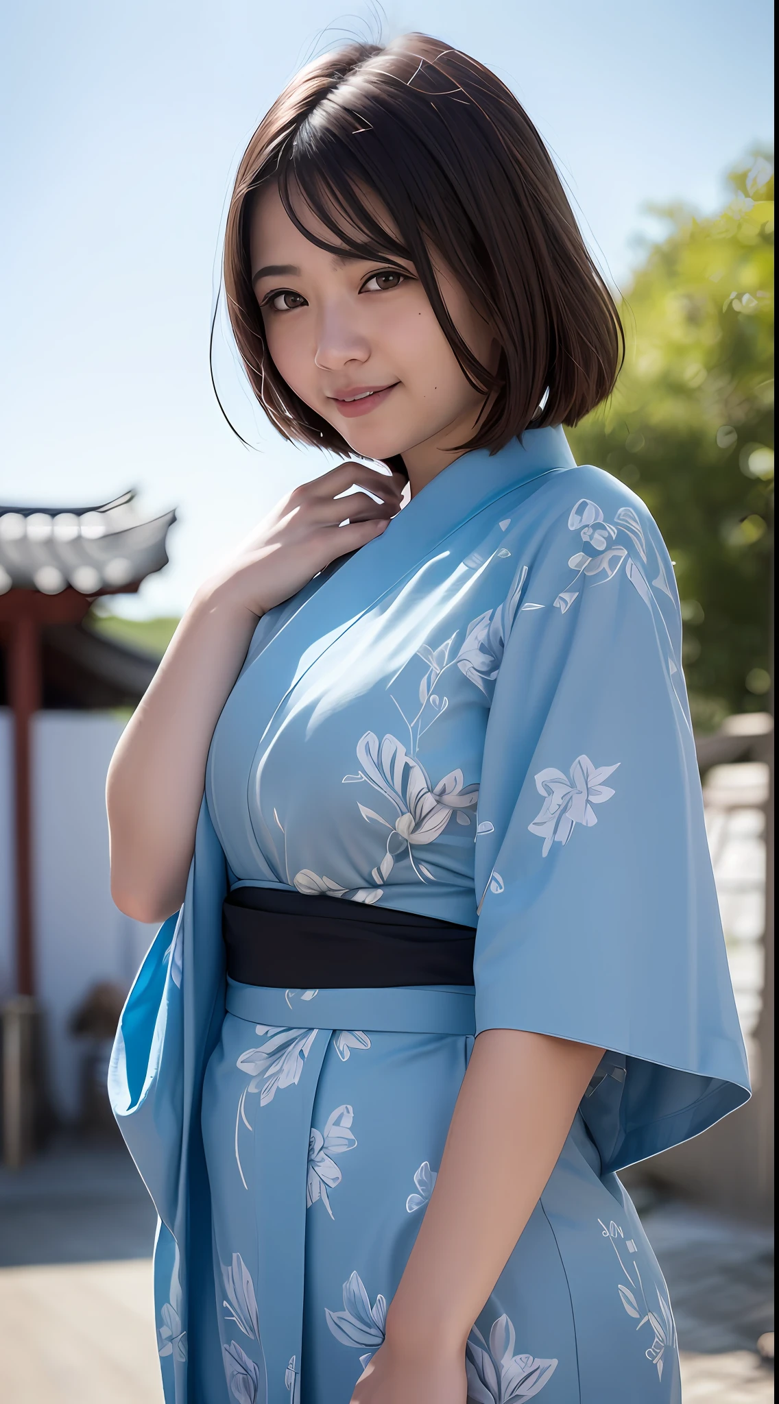(8k, RAW photos, best quality, high resolution: 1.1), (ultra-realistic: 1.4), (realistic, photorealistic: 1.3), soft light, girl, 16 years old, Japan person, realistic face, realistic body, realistic skin, , absurdity, masterpiece, (cute: 1.8), cuties, solo, (yukata: 1.2), detailed black eyes, innocent eyes, cheeks, (very shorthair: 1.2), Cinema Light, Film Grain, ((Big: 1.1)), Cherry Colored Lips, Close-up, Look Viewer, Upper Body, Open Lips, Upper Teeth, (Smiling Eyes: 0.6), ((grinning: 1.2)), Depth of Field, Blurred Background, Eye Focus, Bokeh, Japan Summer Festival, Shrine, 85mm Lens, f/1.4, Professional Lighting, Young, Portrait, Photon Mapping, Radiosity, Physically Based Rendering