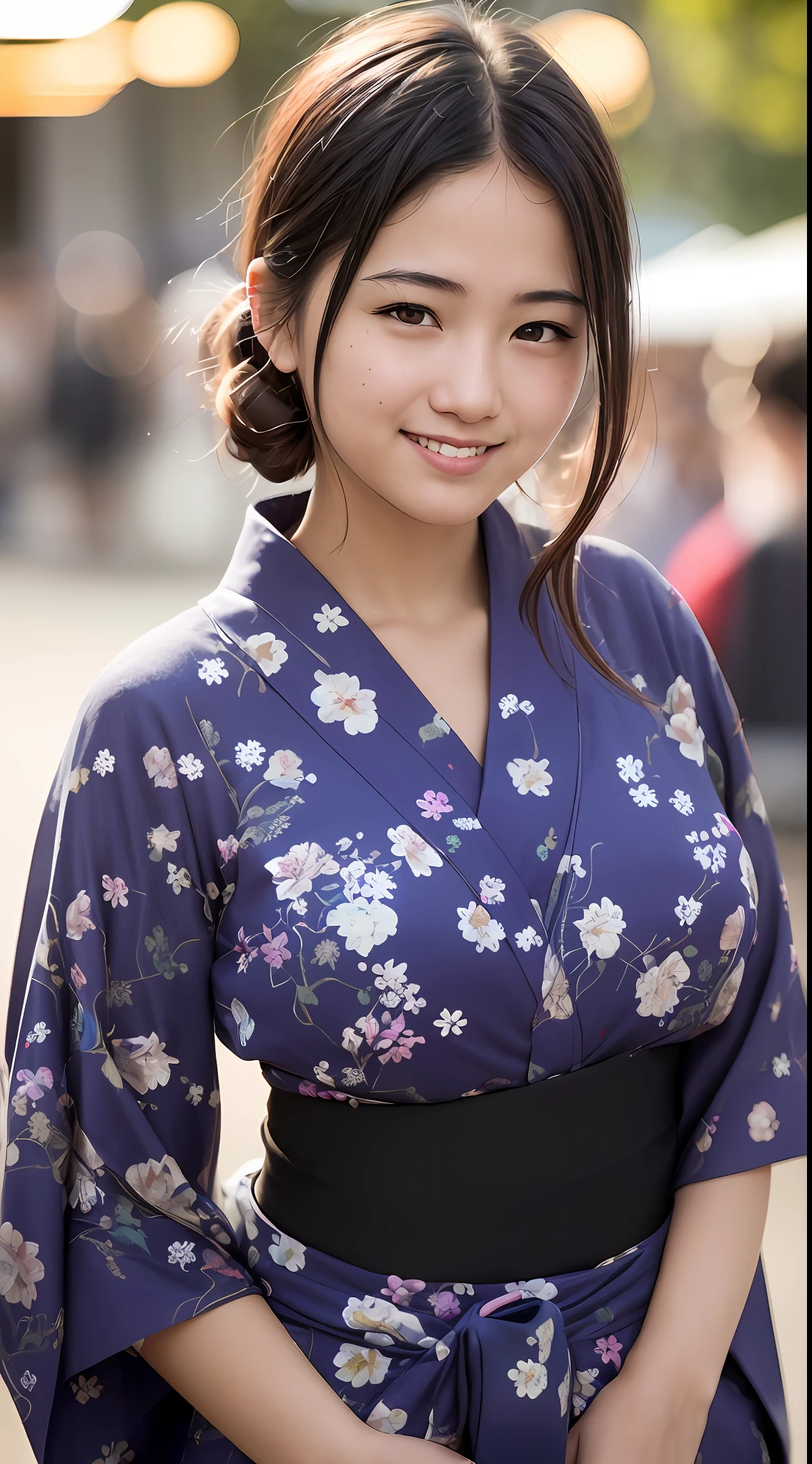 (8k, RAW photos, best quality, high resolution: 1.1), (ultra-realistic: 1.4), (realistic, photorealistic: 1.3), soft light, girl, 16 years old, Japan person, realistic face, realistic body, realistic skin, , absurdity, masterpiece, (cute: 1.8), cuties, solo, (yukata: 1.2), detailed black eyes, innocent eyes, cheeks, (very shorthair: 1.2), Cinema Light, Film Grain, ((Big: 1.1)), Cherry Colored Lips, Close-up, Look Viewer, Upper Body, Open Lips, Upper Teeth, (Smiling Eyes: 0.6), ((grinning: 1.2)), Depth of Field, Blurred Background, Eye Focus, Bokeh, Japan Summer Festival, Shrine, 85mm Lens, f/1.4, Professional Lighting, Young, Portrait, Photon Mapping, Radiosity, Physically Based Rendering