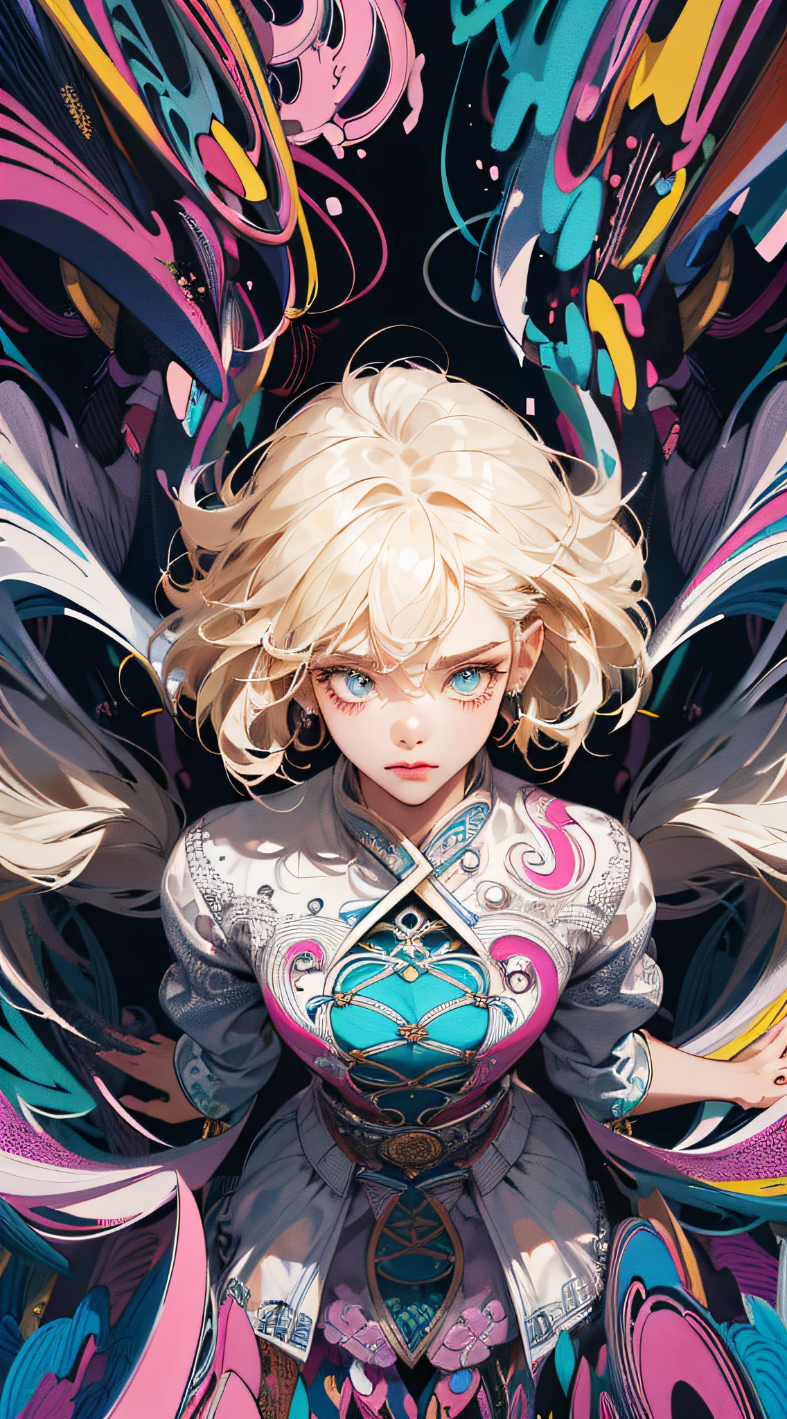 absurdres, highres, ultra detailed, 1girl, solo, extremely detailed eyes, Ultra-precise depiction, Ultra-detailed depiction, (zentangle:1.2), (dynamic pose), (abstract background:1.5), (treditional dress:1.2), short platinum blonde, (shiny skin), many colors, upper body, (from above)
