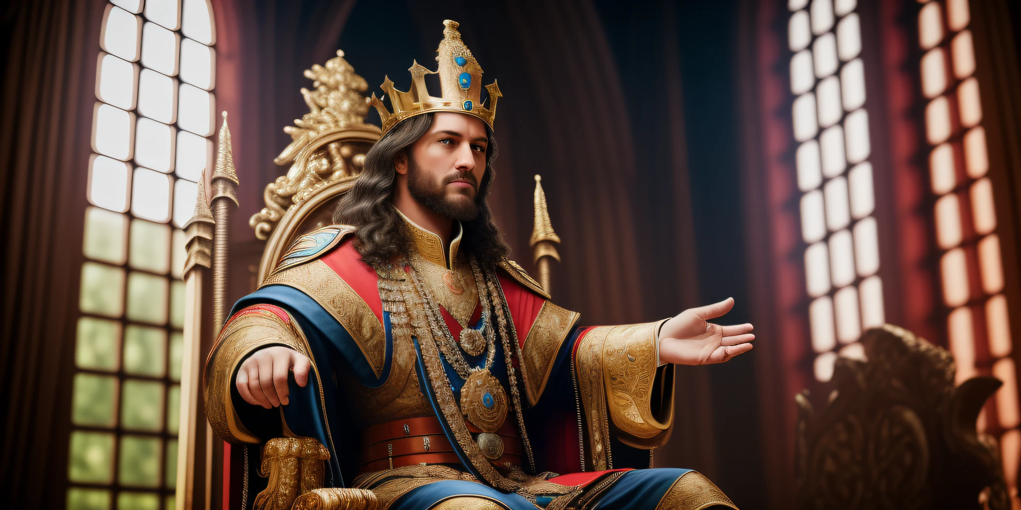 a king sitting on the throne in his castle. Realistic image taken with a Canon EOS R3 camera, 16:9, UHD