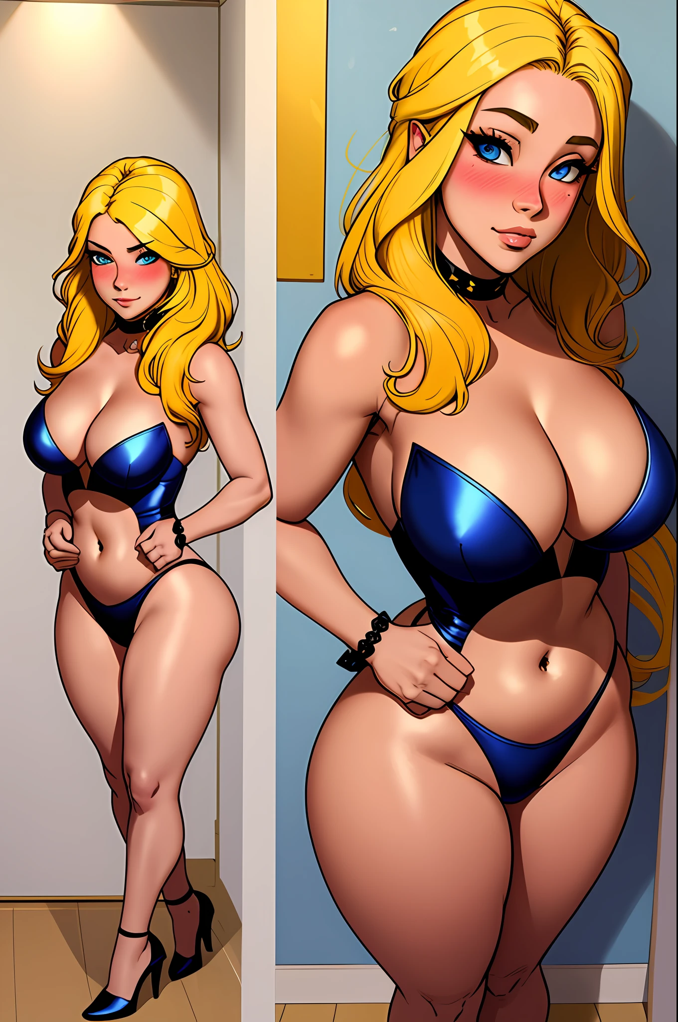 1girl, beautiful, yellow hair, blue eyes, playboy bunny, curvy, sexy, big ass, big tits, small waist, wide hips, blushing, shy facial expression, full body, masterpiece, extremely detailed,