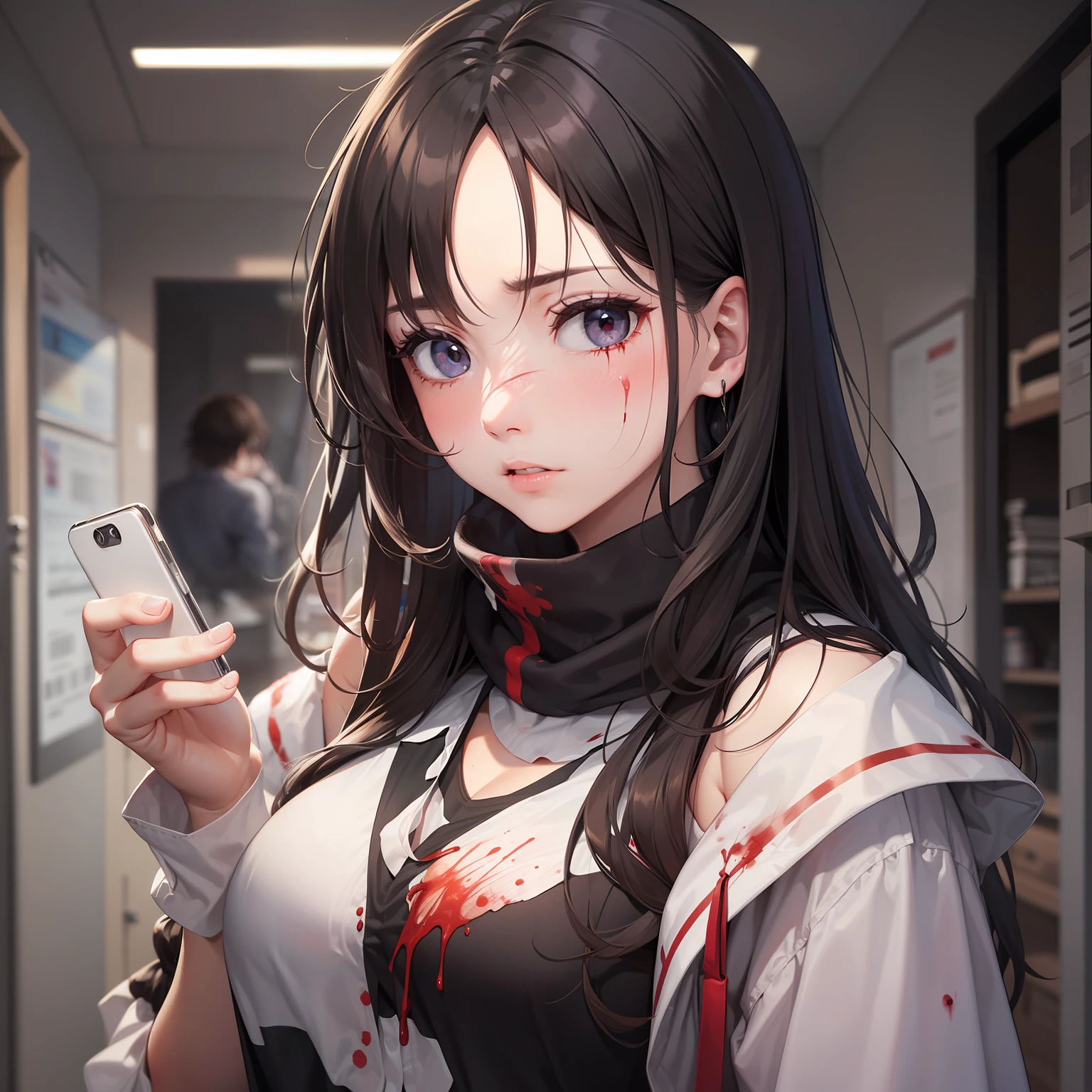 One had messy hair, a bloodstain on his forehead, and a cloth wrapped around his face,
The big eyes were bloodshot and looked like a tired girl.
Mobile phone in hand