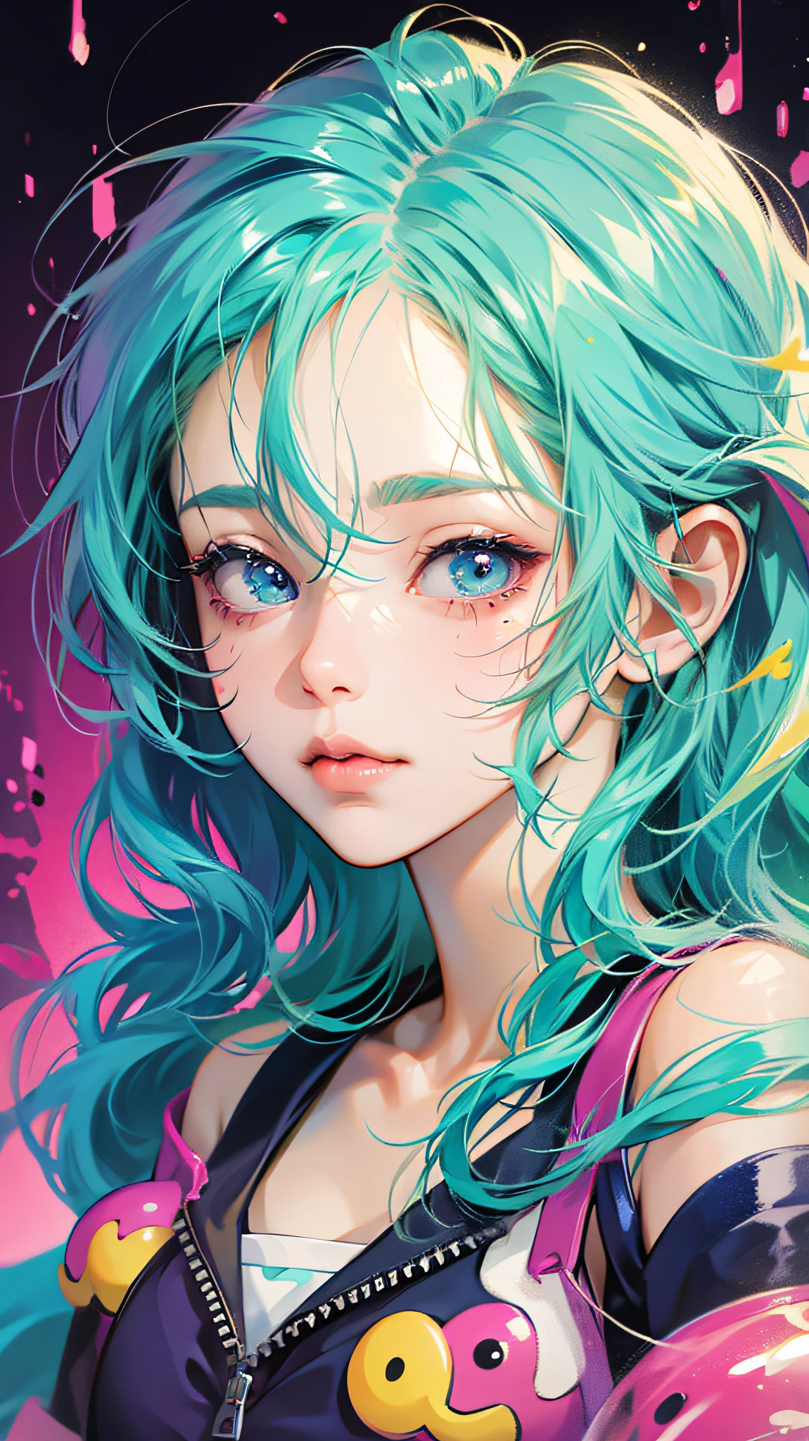 (Pink Fashion T-shirt:1.9),(Colorful hair: 1.8), (all the colours of the rainbow: 1.8),(((((vertical painting:1.6))), (painting:1.6),front, comics, illustrations, paintings, large eyes, crystal clear eyes,( rainbow color gradient high ponytail:1.7), exquisite makeup, closed mouth,(Small Fresh: 1.5),(Wipe Chest: 1.6) ,long eyelashes, white off shoulder T-shirt, White Shoulder Shirt,looking at the audience, large watery eyes, (rainbow colored hair:1.6), color splash, (solo:1.8), color splash, color explosion, thick paint style, messy lines, ((shining)),(colorful), (colorful), (colorful), colorful, Thick Paint Style, (Splash) (Color Splash), Vertical Painting, Upper Body, Paint Splash, Acrylic Pigment, Gradient, Paint, Highest Image Quality, Highest Quality, Masterpiece, Solo, Depth of Field, Face Paint, colorful clothes, (Elegant: 1.2), gorgeous,long hair, wind, (Elegant: 1.3), (Petals: 1.4),(((masterpiece))),(((best quality))),((ultra-detailed)),(illustration),(dynamic angle),((floating)),(paint),((disheveled hair)),(solo),(1girl) , (((detailed anima face))),((beautiful detailed face)),collar,bare shoulders,white hair, ((colorful hair)),((streaked hair)),beautiful detailed eyes,(Gradient color eyes),(((colorful eyes))),(((colorful background))),(((high saturation))),(((surrounded by colorful splashes))),