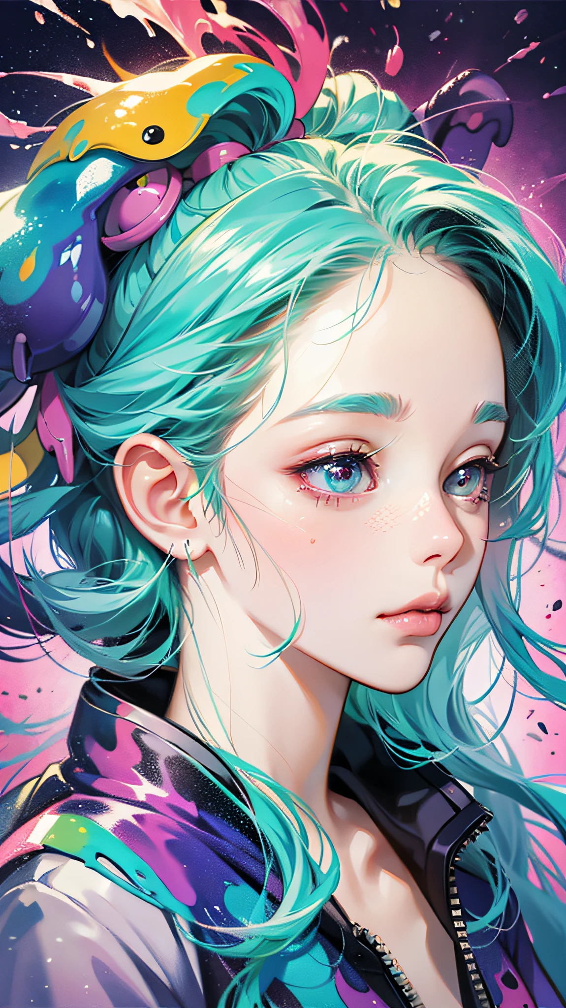 (Pink Fashion T-shirt:1.9),(Colorful hair: 1.8), (all the colours of the rainbow: 1.8),(((((vertical painting:1.6))), (painting:1.6),front, comics, illustrations, paintings, large eyes, crystal clear eyes,( rainbow color gradient high ponytail:1.7), exquisite makeup, closed mouth,(Small Fresh: 1.5),(Wipe Chest: 1.6) ,long eyelashes, white off shoulder T-shirt, White Shoulder Shirt,looking at the audience, large watery eyes, (rainbow colored hair:1.6), color splash, (solo:1.8), color splash, color explosion, thick paint style, messy lines, ((shining)),(colorful), (colorful), (colorful), colorful, Thick Paint Style, (Splash) (Color Splash), Vertical Painting, Upper Body, Paint Splash, Acrylic Pigment, Gradient, Paint, Highest Image Quality, Highest Quality, Masterpiece, Solo, Depth of Field, Face Paint, colorful clothes, (Elegant: 1.2), gorgeous,long hair, wind, (Elegant: 1.3), (Petals: 1.4),(((masterpiece))),(((best quality))),((ultra-detailed)),(illustration),(dynamic angle),((floating)),(paint),((disheveled hair)),(solo),(1girl) , (((detailed anima face))),((beautiful detailed face)),collar,bare shoulders,white hair, ((colorful hair)),((streaked hair)),beautiful detailed eyes,(Gradient color eyes),(((colorful eyes))),(((colorful background))),(((high saturation))),(((surrounded by colorful splashes))),
