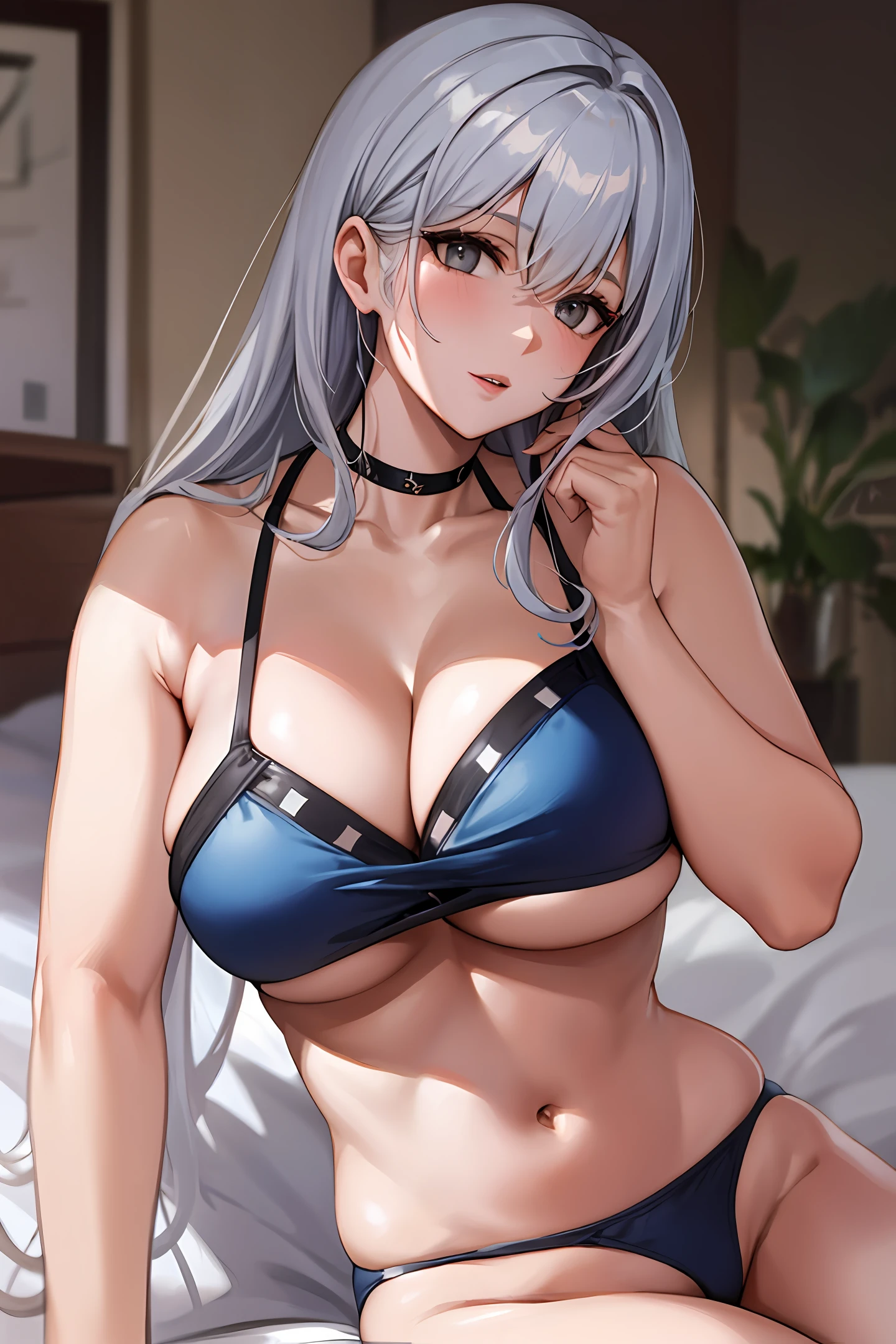 Gray hair woman in blue bikini and black panties on top of a bed, she is in my bikini bed, she is about 60 years old, woman of 60 years, posing in bed, posing in a room, sexy body and face, giant breasts,