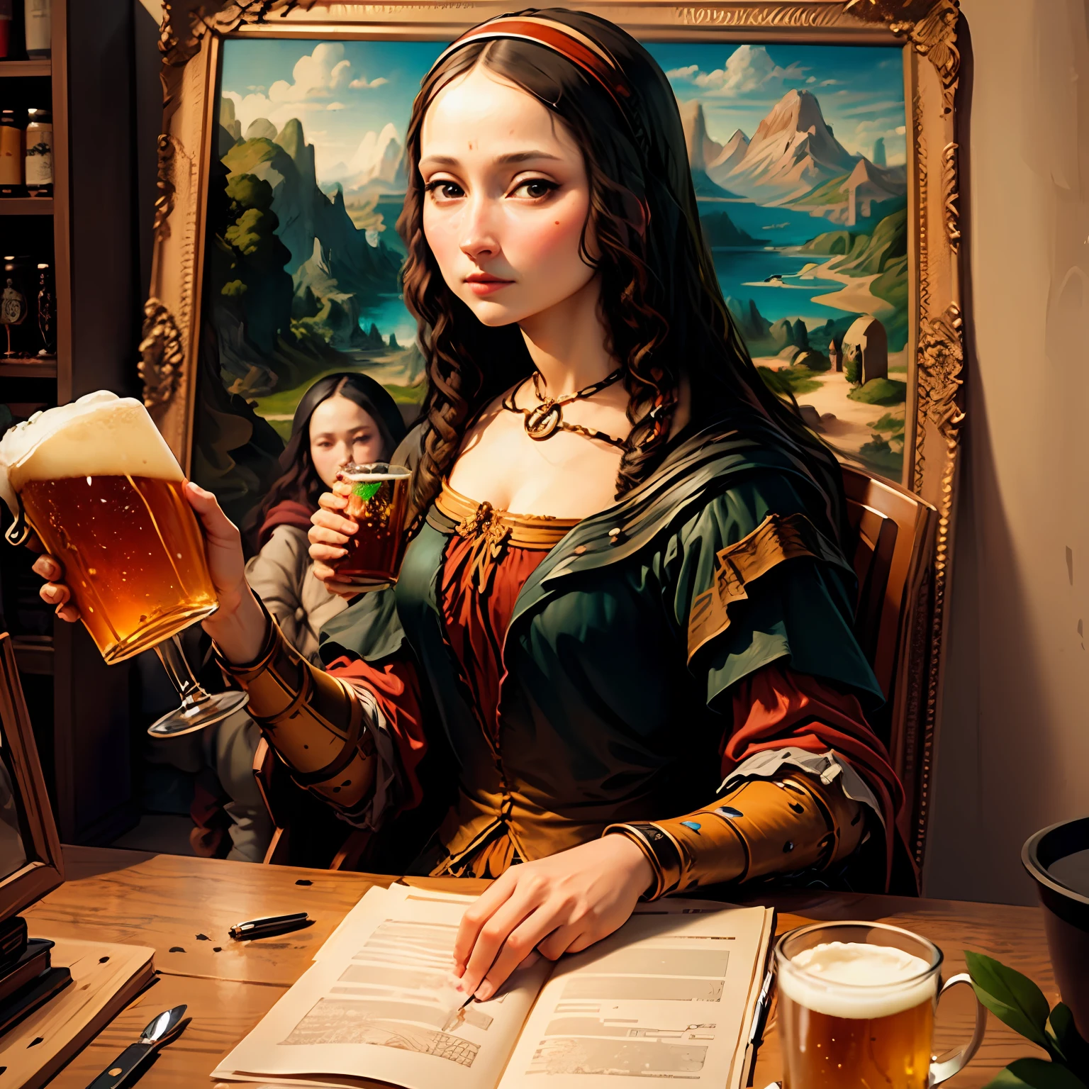 picture of the Mona lisa drinking beer --auto