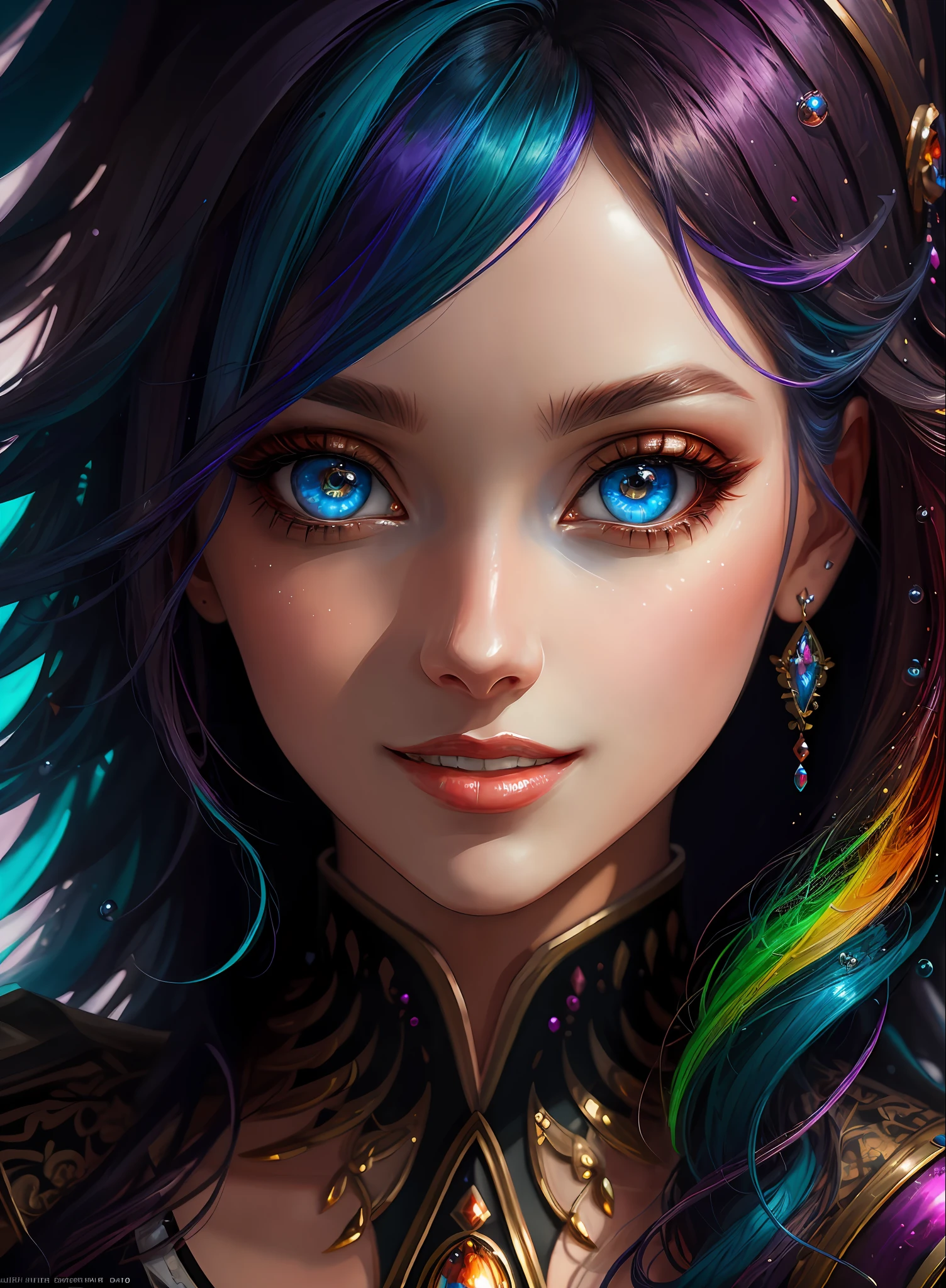 ((Best Quality)), ((Masterpiece)), (Real), (Details), (1 Woman) Close up portrait of woman with colorful hair, Woman with beautiful eyes radiating dazzling brilliance, 4K high definition digital art, stunning digital illustration, stunning 8K artwork, colorful digital fantasy art, colorful and dark, beautiful digital artwork, colorful digital painting, Digital Anime Art, Portrait of Beautiful Bright Smiling Woman, 8K HD Digital Wallpaper Art, Gorgeous Digital Painting