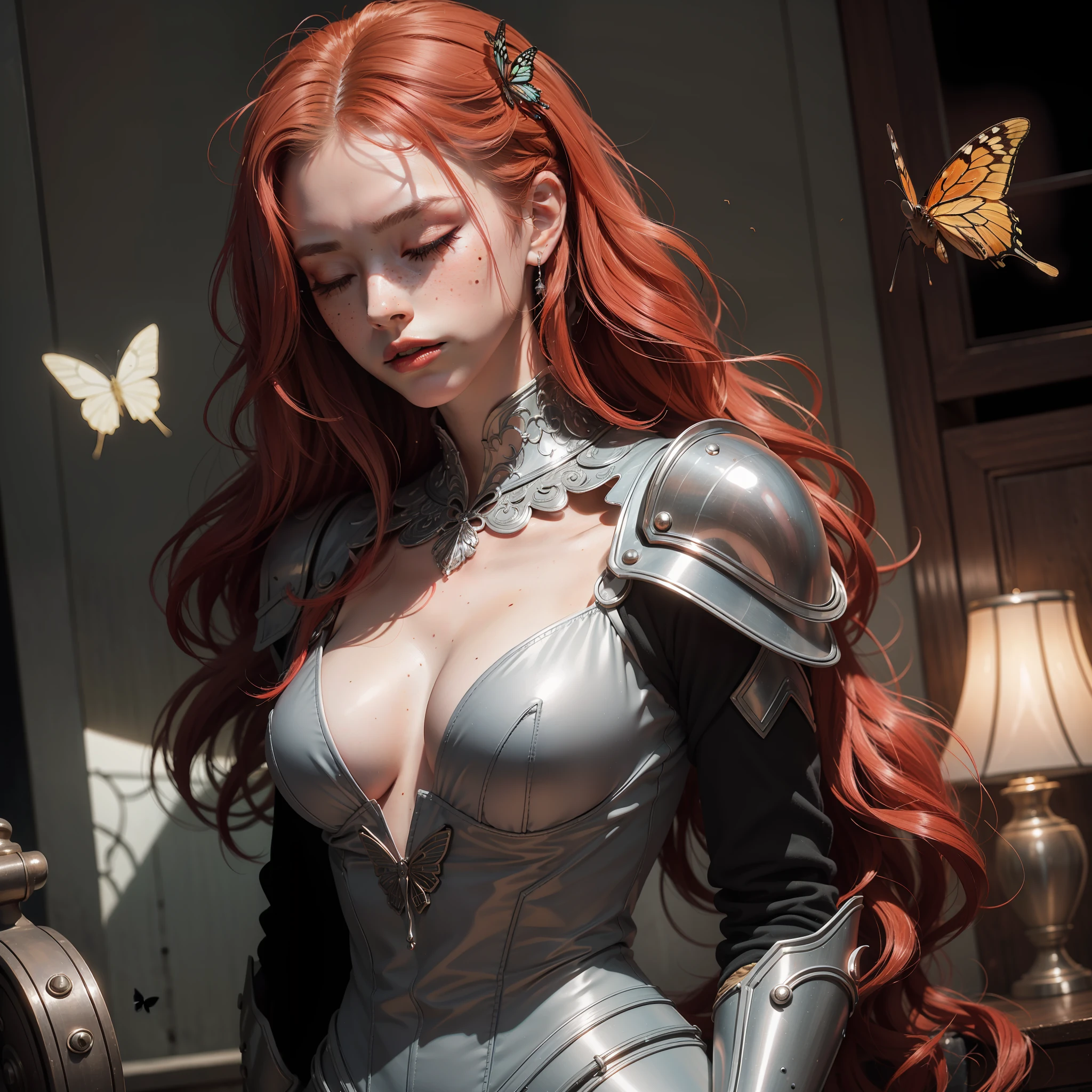 (absurd, highres, ultra detailed), 1 woman, adult, beautiful, tall woman, eyes closed, butterfly eye makeup, light red colored hair, wavy long hair, complex pattern, detailed face, adult face, hand lowered, scowl, perfect mouth, (Dutch angle), night, butterflies flying around, freckles, defined body, perfect face, metal armor, nightmare scenario