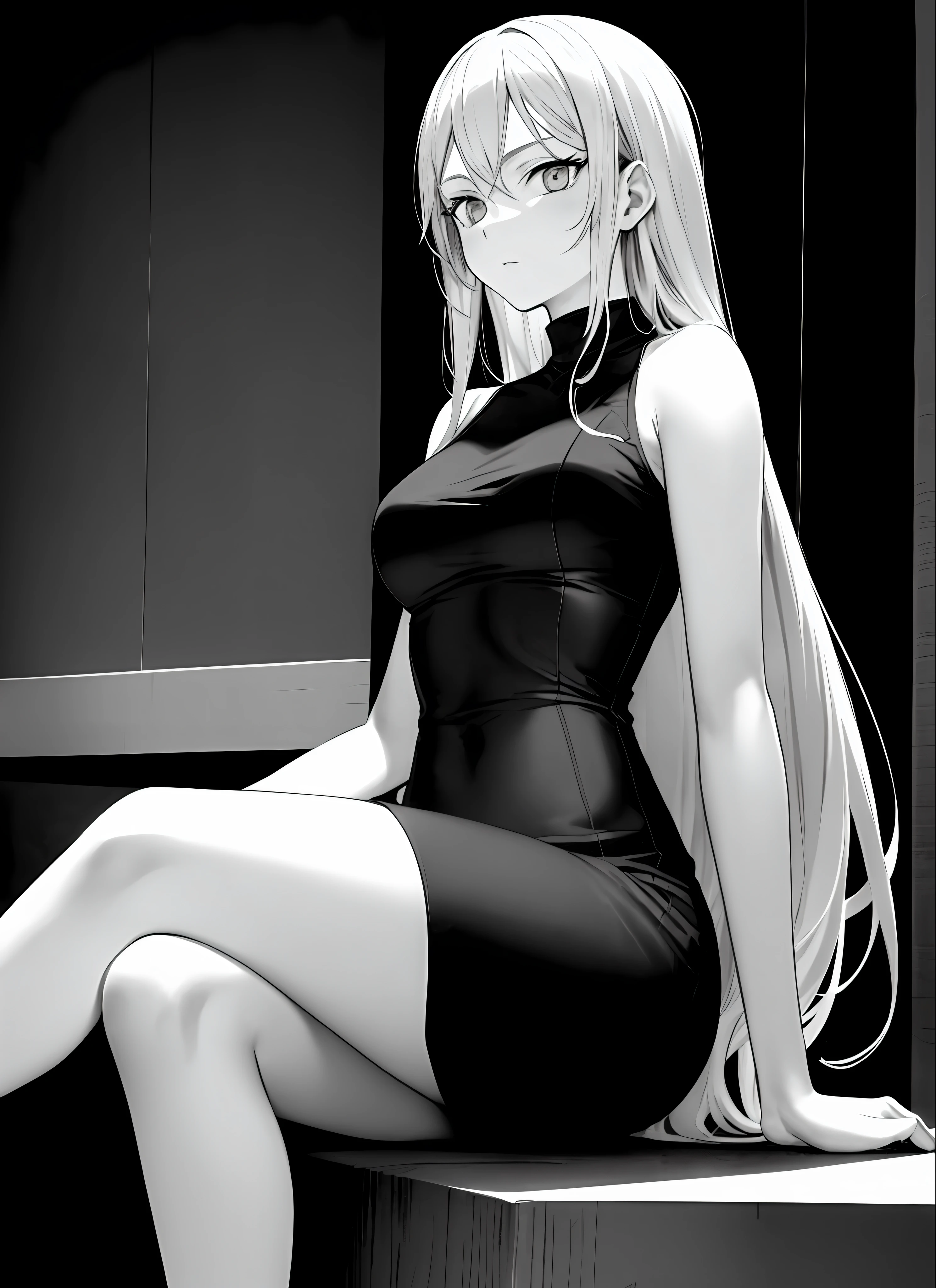 boichi manga style, 1girl, monochrome greyscale, solo, sitting, long hair, upper body, ((masterpiece))