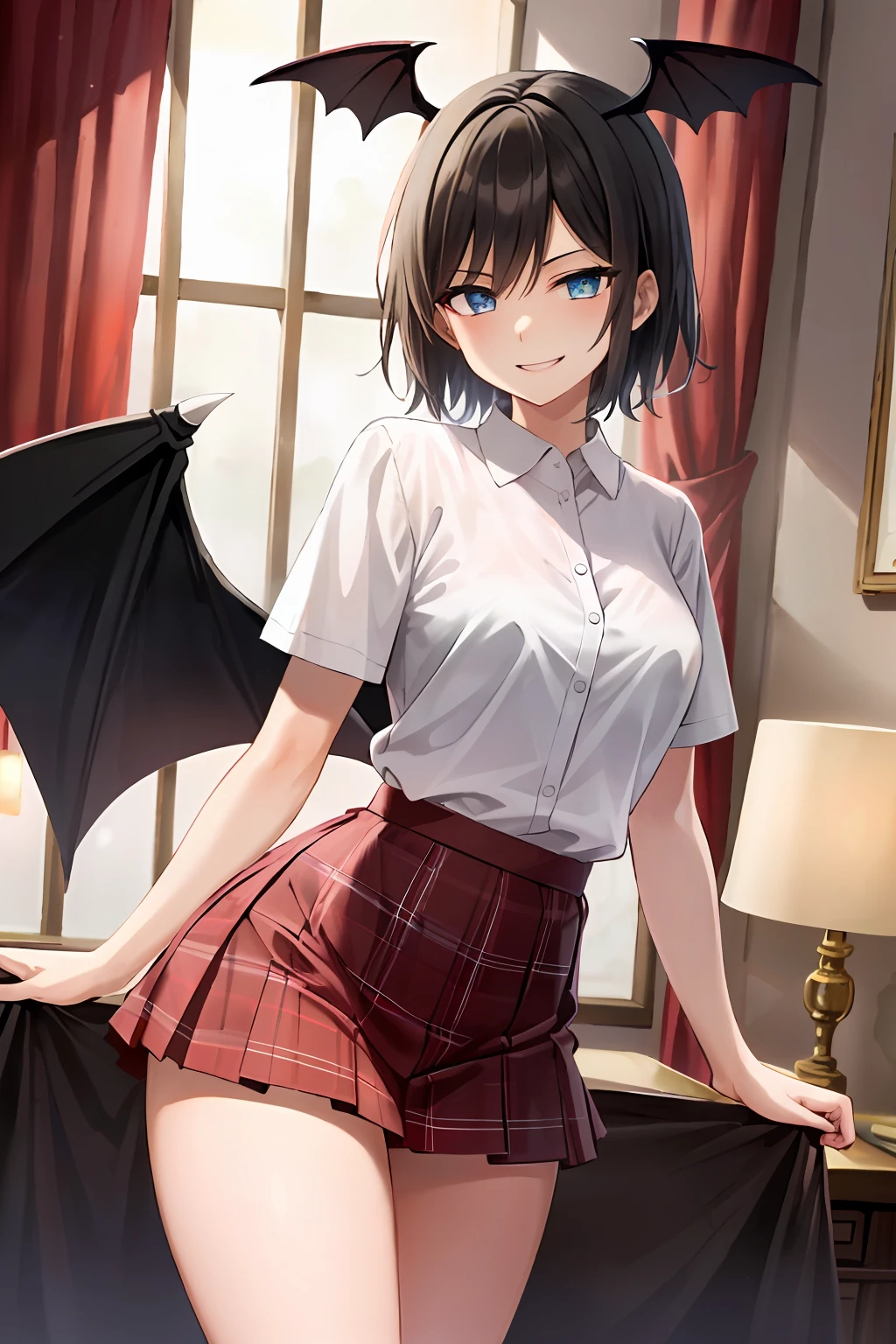 Masterpiece, Top Quality, High Resolution, Masterpiece, Adult Woman, Single, White Shirt, Pleated Mini Skirt, Red Plaid Miniskirt, Short Hair, Evil Smile, Black Hair, Bat Wings, Bad Smile, Evil Plan, Blue Eyes, Love Hotel Room