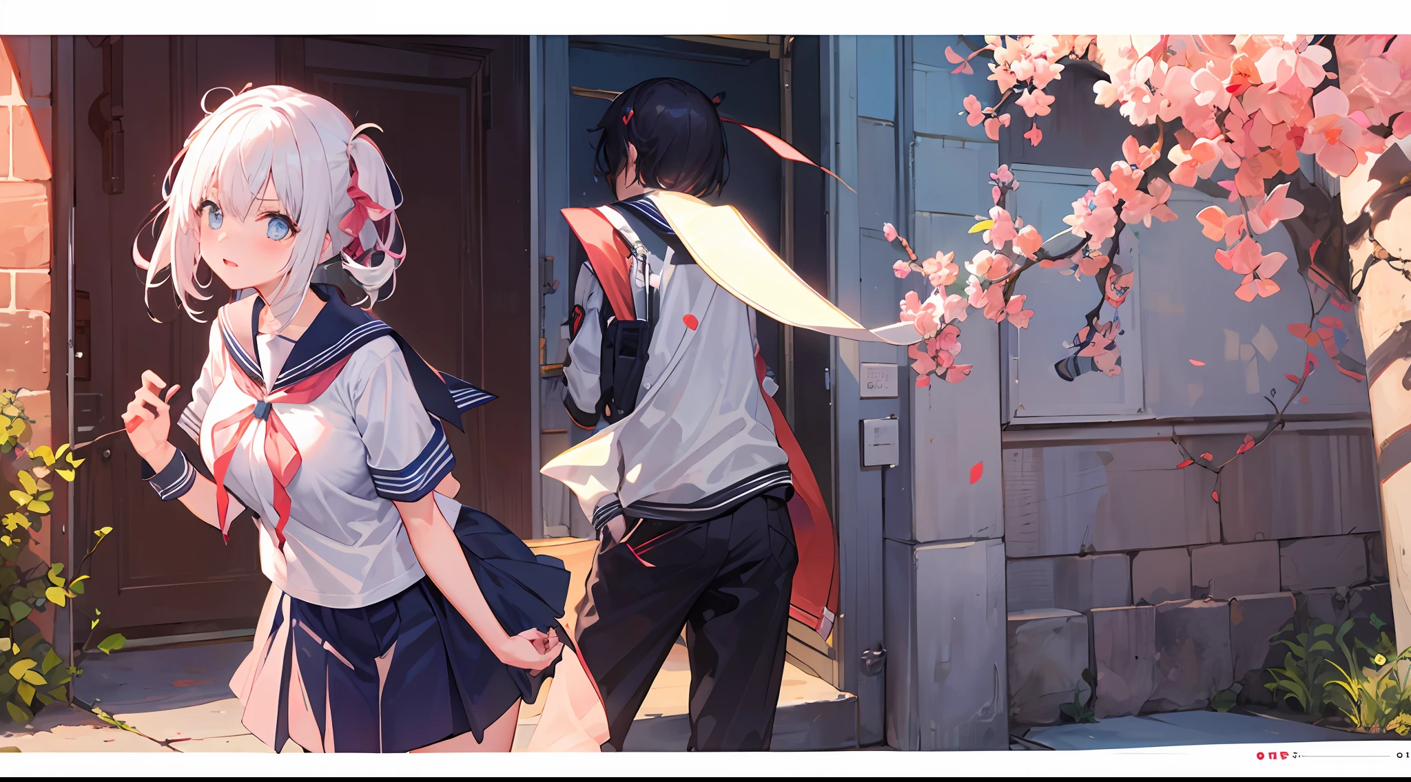 1girl, big breasts, wild, street view, street, standing, cowboy shooting, ((school uniform)), serafuku, blush, white hair