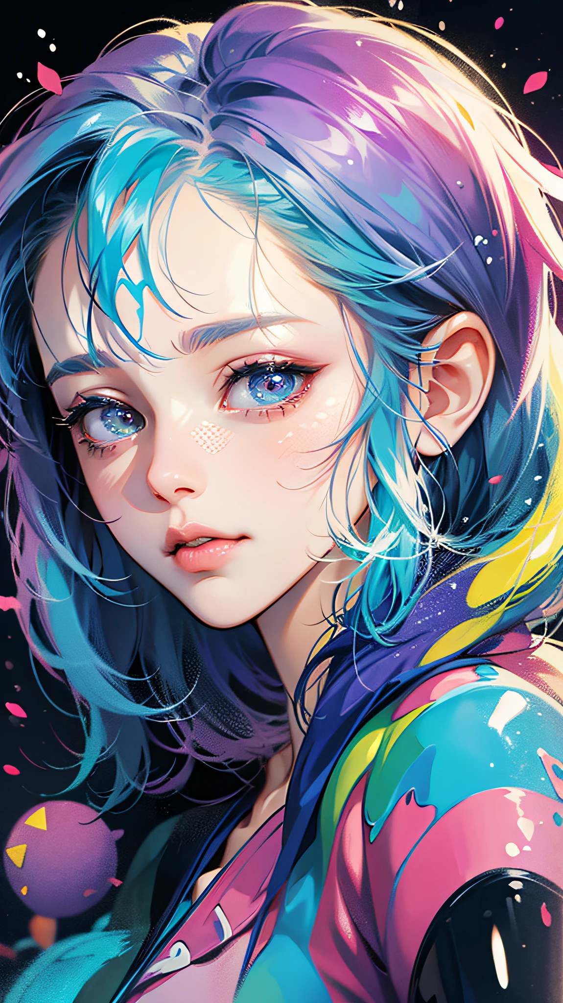 (Colorful hair: 1.8), (Rainbow All Colors: 1.8), (Vertical painting: 1.6))), (Painting: 1.6), Front, Manga, Illustration, Painting, Big Eyes, Crystal Clear, (Rainbow Gradient High Ponytail: 1.7), Delicate Makeup, Shut Up, (Small Freshness: 1.5), (Bandeau: 1.6), Long Eyelashes, White Off-the-Shoulder T- shirt, White Shoulder Shirt, Looking at the audience, big watery eyes, ( Rainbow hair: 1.6), color splash, (solo:1.8), color splash, color explosion, colour splash, color explosion, thick paint style, messy lines, (shining), (colorful), (colorful), (colorful), colorful, thick paint Style, (Splash) (Color Splash), Vertical Painting, Upper Body, Paint Splash, Acrylic Pigment, Gradient, Paint, Highest Image Quality, 最高画质, Masterpiece, Solo, Depth of Field, Face Paint, colorful clothes, (elegant: 1.2), gorgeous, long hair, wind, (elegant: 1.3), (petals: 1.4), ((masterpiece))), ((best quality))), ((ultra-detailed)), (illustration), (dynamic angle), ((floating)), (paint), ((loose hair)), (solo), (1girl), (detailed anima face))), ((beautiful detailed face)), Collar, bare shoulders, white hair,