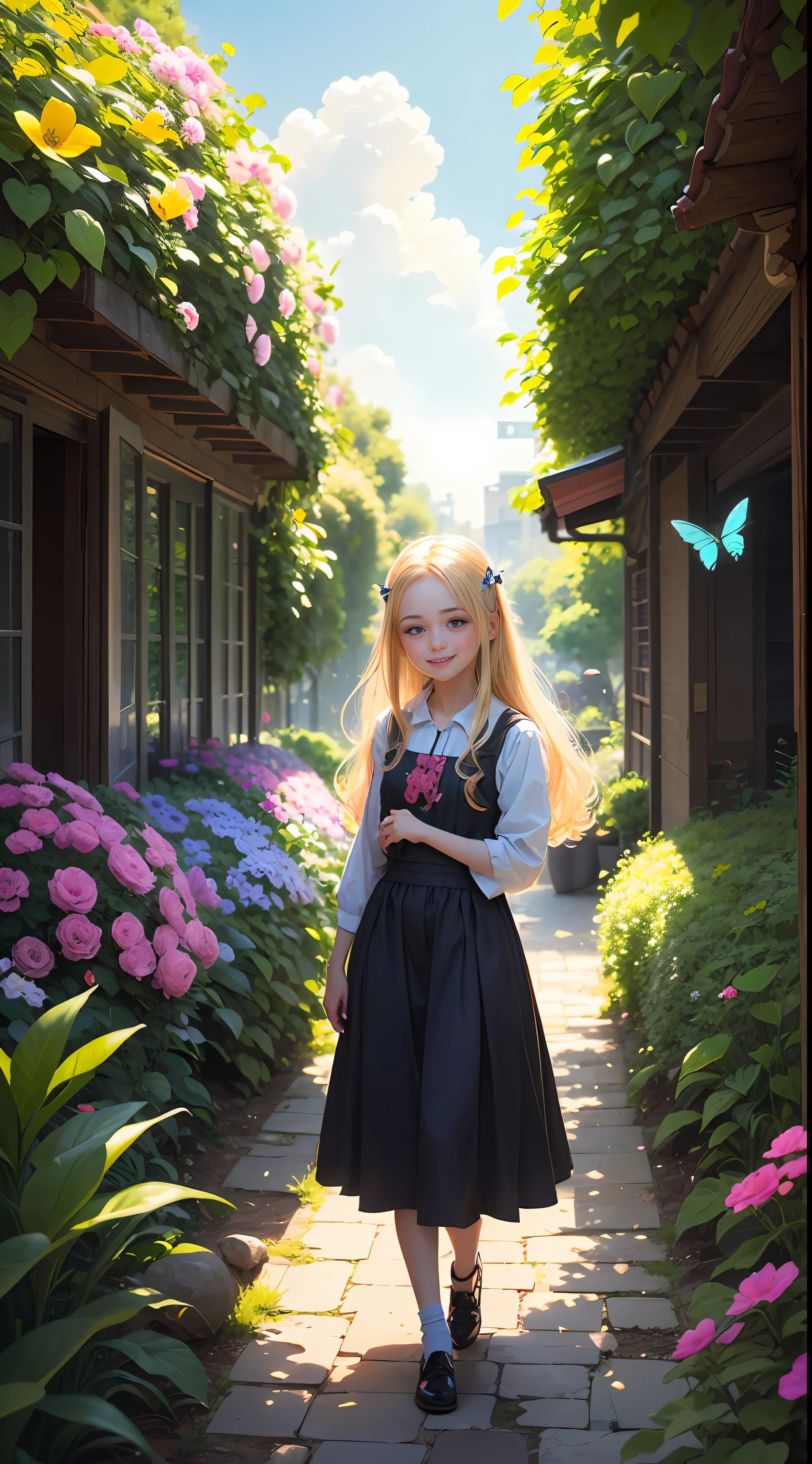 charming city called City of Flowers, where nature showed itself in its most beautiful and exuberant form. In the middle of this city, there was a special garden, known as the Butterfly Garden. There lived a -yead giramed Cybele with long blonde hair that shone like rays of sunshine. Illustration of a "happy" girl in a flower garden. Blue sky of clouds tending the garden with butterflies. Beautiful illustration, beautiful painting, beautiful UHD 4k art, beautiful art, a beautiful art illustration, guweiz style art, beautiful painting, atey ghailan 8k, artgerm and atey ghailan, (long blonde hair) taking care of butterflies, (butterflies). (best quality, masterpiece), 1 happy girl, particle, wind, flower, full body, garden background, looking at butterflies. --auto