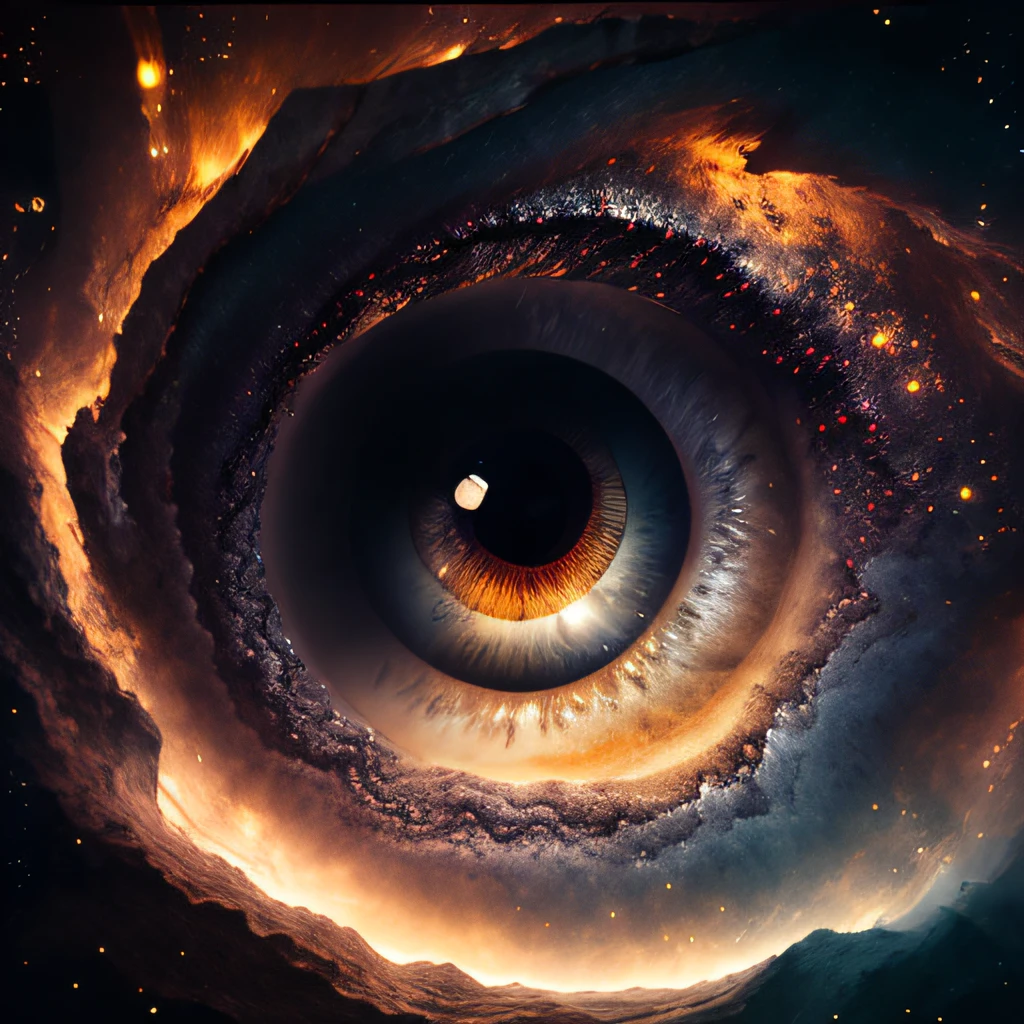 masterpiece, sharp, ultra detailed, 8k,an eyes made by milky way, the midle of the eye is a black hole,( human eye shape), ((soft dimmed light)), angle view, best quality, dimmed, (high detailed background:1.2),8k uhd, dslr, soft lighting, high quality, film grain, Fujifilm XT3, intricate detail,