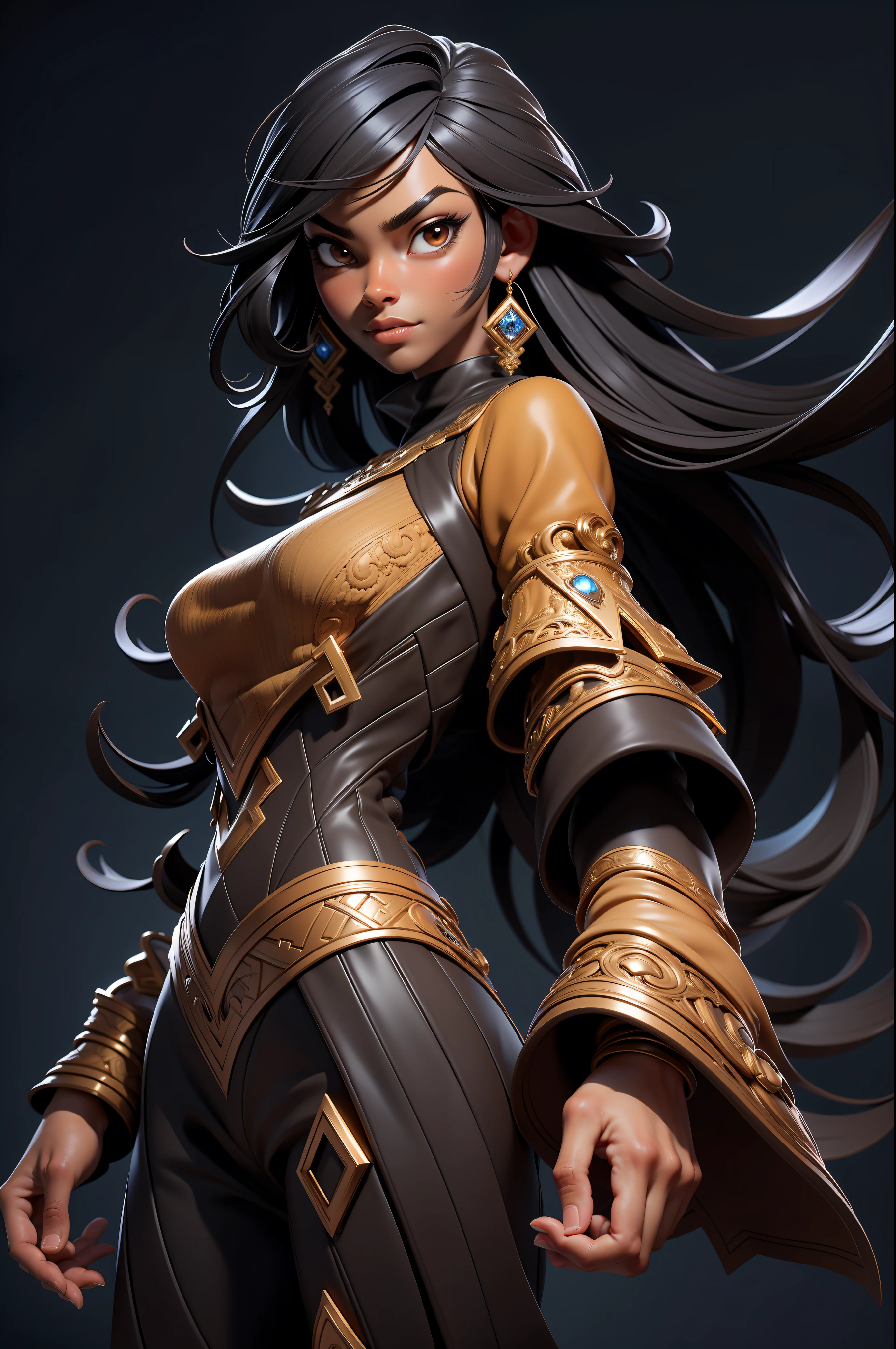 3dmm style,(masterpiece, top quality, best quality, official art, handsome and aesthetic:1.2), (fractal art:1.3), 1girl, handsome, high detailed, dark skin, black hair with a hint of brown, brown eyes, dark lighting, serious face, looking the sky, sky, medium shot, blue sweater, jewelry