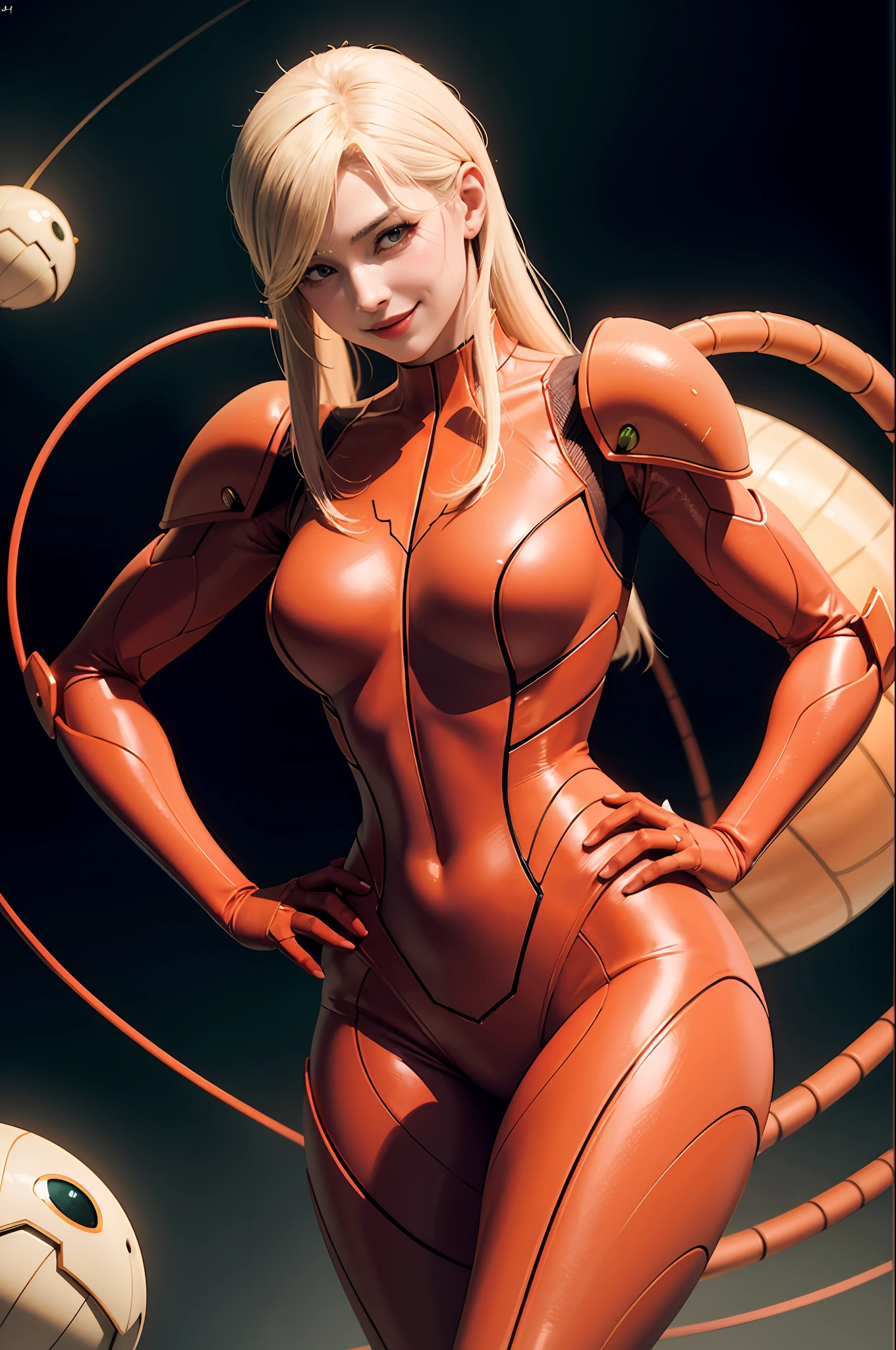 Metroid suit, woman in hot insect shell, Guyver style, bewitching, evil smile, scaraber reploid, bellows tail, cel shade adult animation,