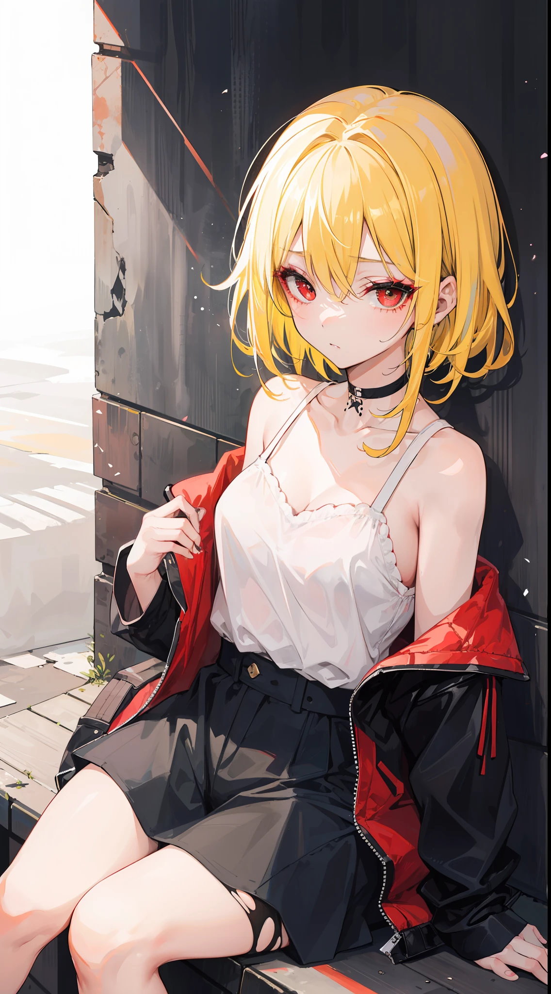 In the middle of a poor town, there a girl with torn clothes, she has yellow hair and red eyes and sits with blank eyes and black eyeshadow, she is beggar