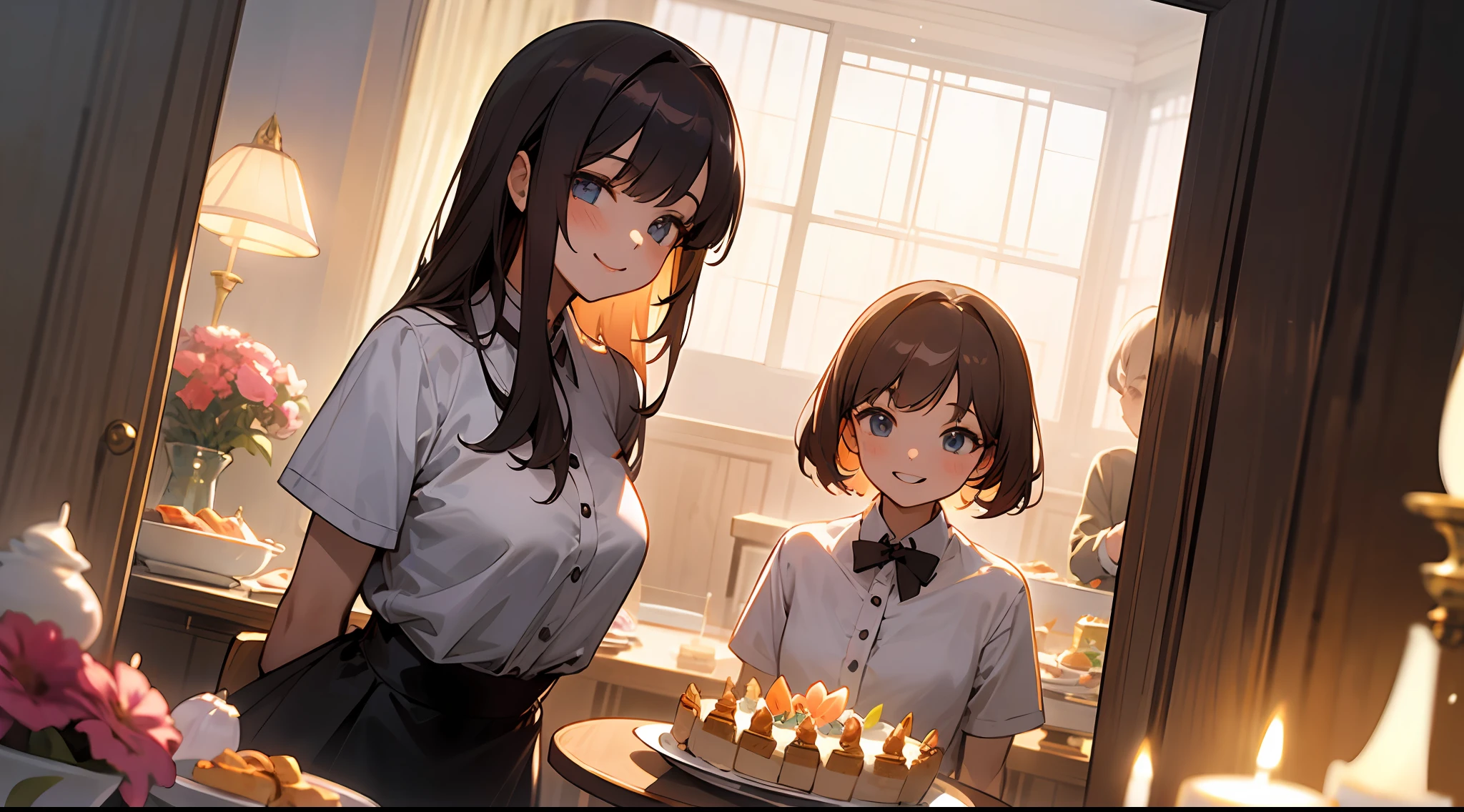 Upper body, middle view, two girls, party at home, hold a house party, flowers, cake, snacks, happy smile, arms behind back