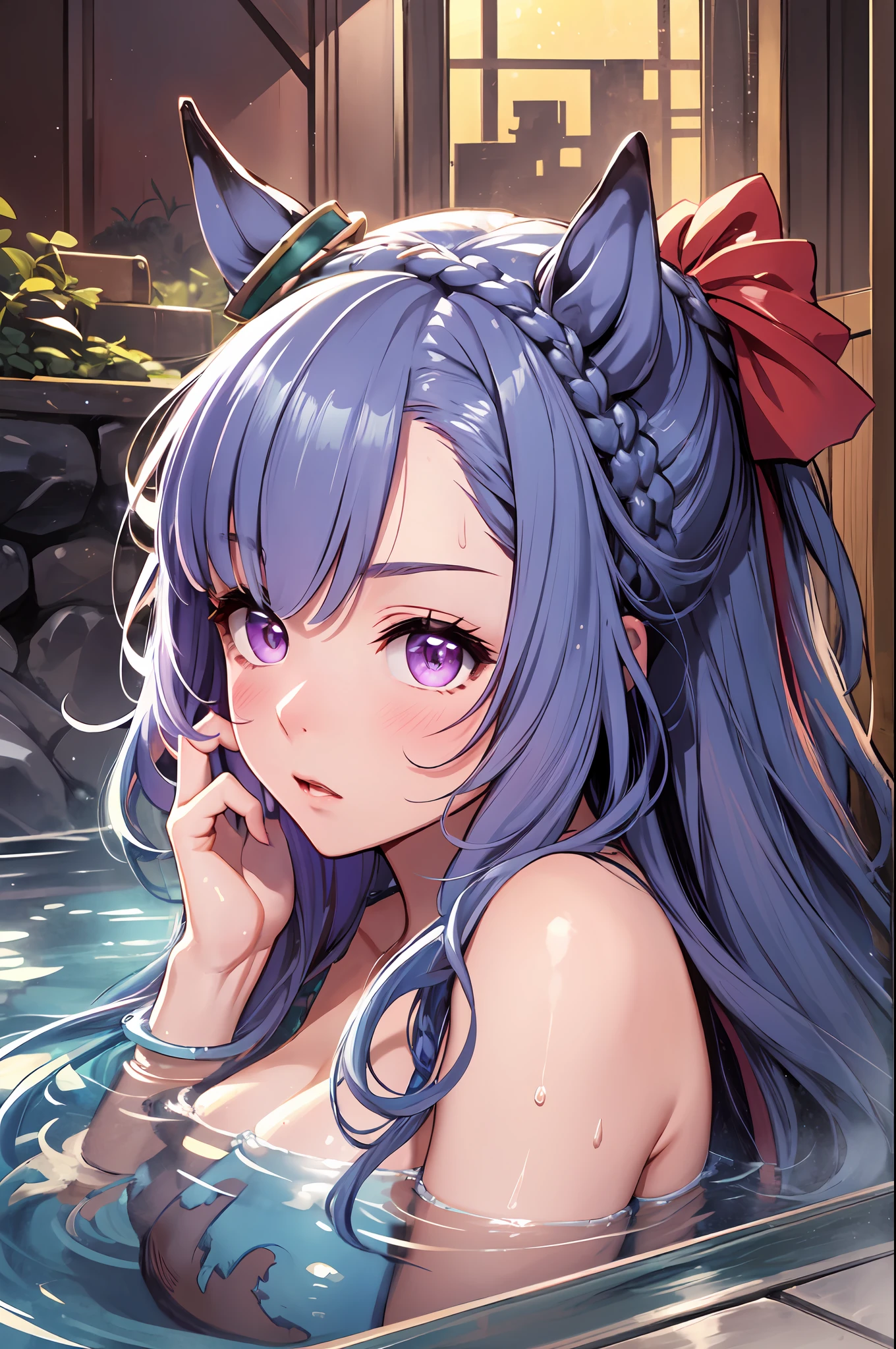 best quality,masterpiece, high res, beautiful detailed eyes,ultra-detailed, mejiro ardan \(umamusume\), ear ornament,horse ears, horse tail,bewitching poses, full body wide angle, selfie, blush, sweat, bath towel, onsen, evening