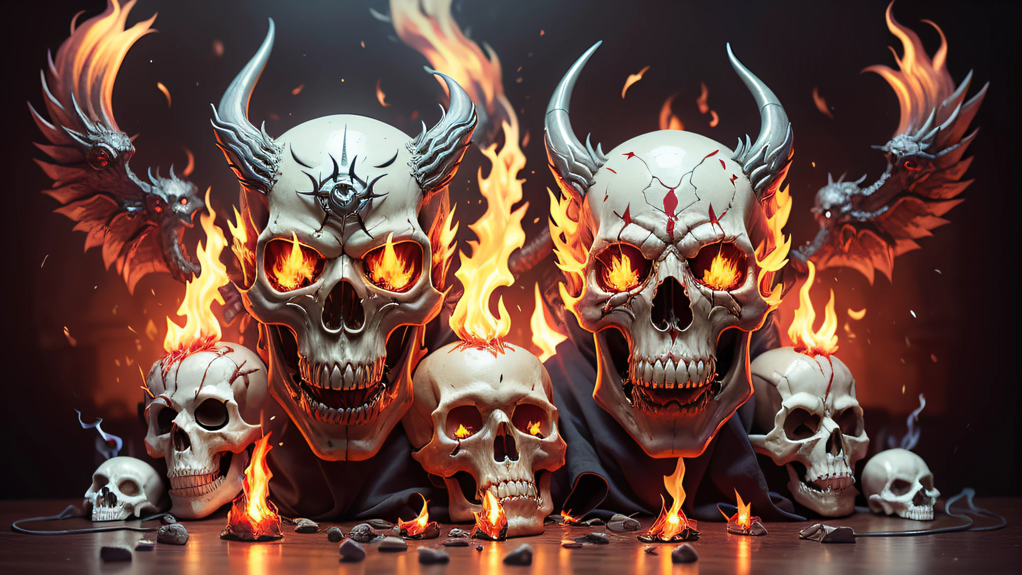 there is a picture of a demon mask with flames coming out of it, hellfire background, of spiked gears of war skulls, evil smirk, evil grin, wide evil grin, white scary skin, flaming skull, fire demon, hellfire, ghost of the fire spirit, pitchburn devils!, demon white horns, big evil grin, fantasy skull, flaming grim reaper,there is a picture of a demon mask with flames coming out of it, hellfire background, of spiked gears of war skulls, evil smirk, evil grin, wide evil grin, white scary skin, flaming skull, fire demon, hellfire, ghost of the fire spirit, pitchburn devils!, demon white horns, big evil grin, fantasy skull, flaming grim reaper