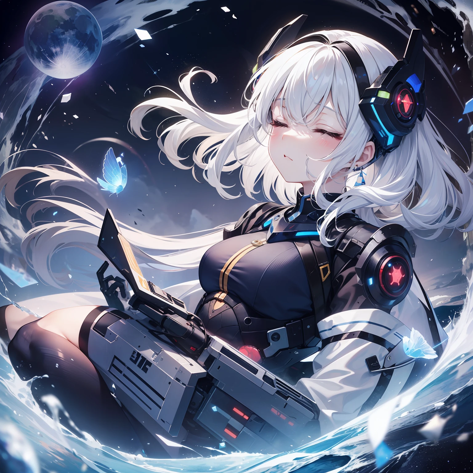 A mechanical girl with a strong sense of science fiction, like a  in her mother's body curled up in the vast sea of stars,
The long snow-white hair fluttered, and the weak posture of closing his eyes and sleeping was particularly endearing.