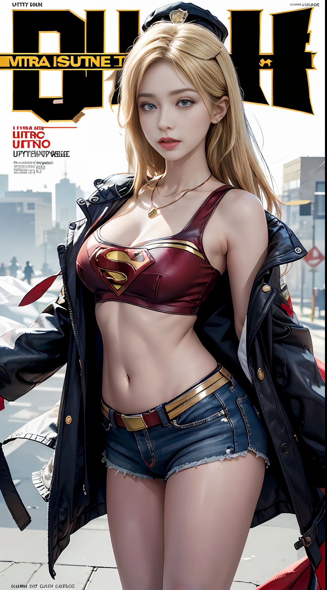 ((((best quality))), (((ultra detailed))), (((masterpiece))), illustration,(Magazine cover style illustration of a trendy blonde woman with a vibrant outfit with superman's letter S on her chest), posing in front of a colorful and dynamic background. She has a confident expression and is holding a statement accessory, The text on the cover should be bold and attention-grabbing, with the magazine title and a catchy headline. The overall style should be modern and modern, with a focus on fashion and lifestyle),
wallpaper, crowds, fashion, lipstick, ray tracing, depth of field, street, in public, day
1girl, solo, looking at viewer, shiny skin, contrapposto, navel, midriff, necklace, female focus, model, medium breasts, blue eyes, street, in public, police hat, police uniform, handcuffs, short shorts with supernan S, arms crossed,
legal, transparent, school uniform, jitome,
, underboob, floating blonde hair, sexy, thin fabric emphasis, dynamic pose, negative space: 0.35, realistic: 1.33, wearing superman's S symbol on the chest.