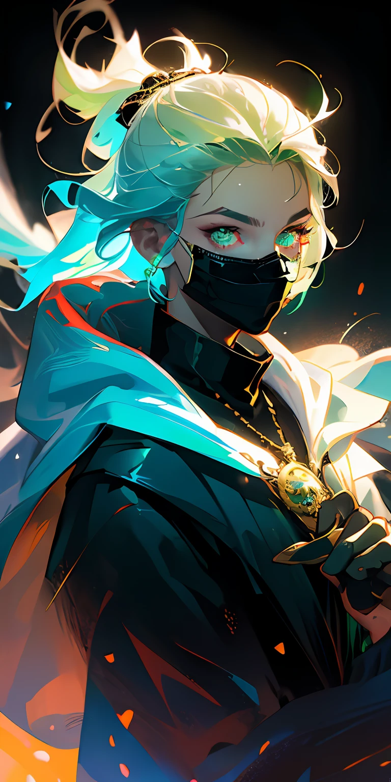 (best quality, masterpiece), 1boy with golden eyes, golden eye, pose, gold particle, wind, upper body, simple background, looking at the viewer with brave face, arched eyebrow, golden eyes,holding a sword, hair up to the shoulders, multicolored hair, hair dyed half black and half green, black coat with blue cape, wearing gold dragon necklace, Black and green multicolored hair, black and green colored hair, black mask with golden details.