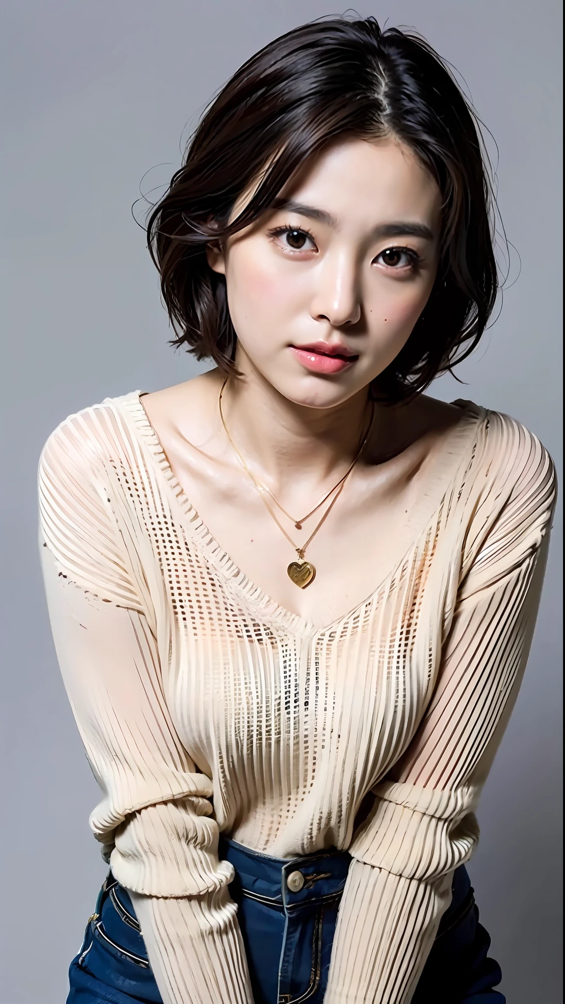 (Best Quality, 8k, 32k, Masterpiece, UHD: 1.2), Cute Japan Woman Pictures, Very Short Bob Hair, Face Focus, (oversized_sweater,:1.1) Necklace, Simple Background, Watch Viewer, Leaning Forward, Full Body