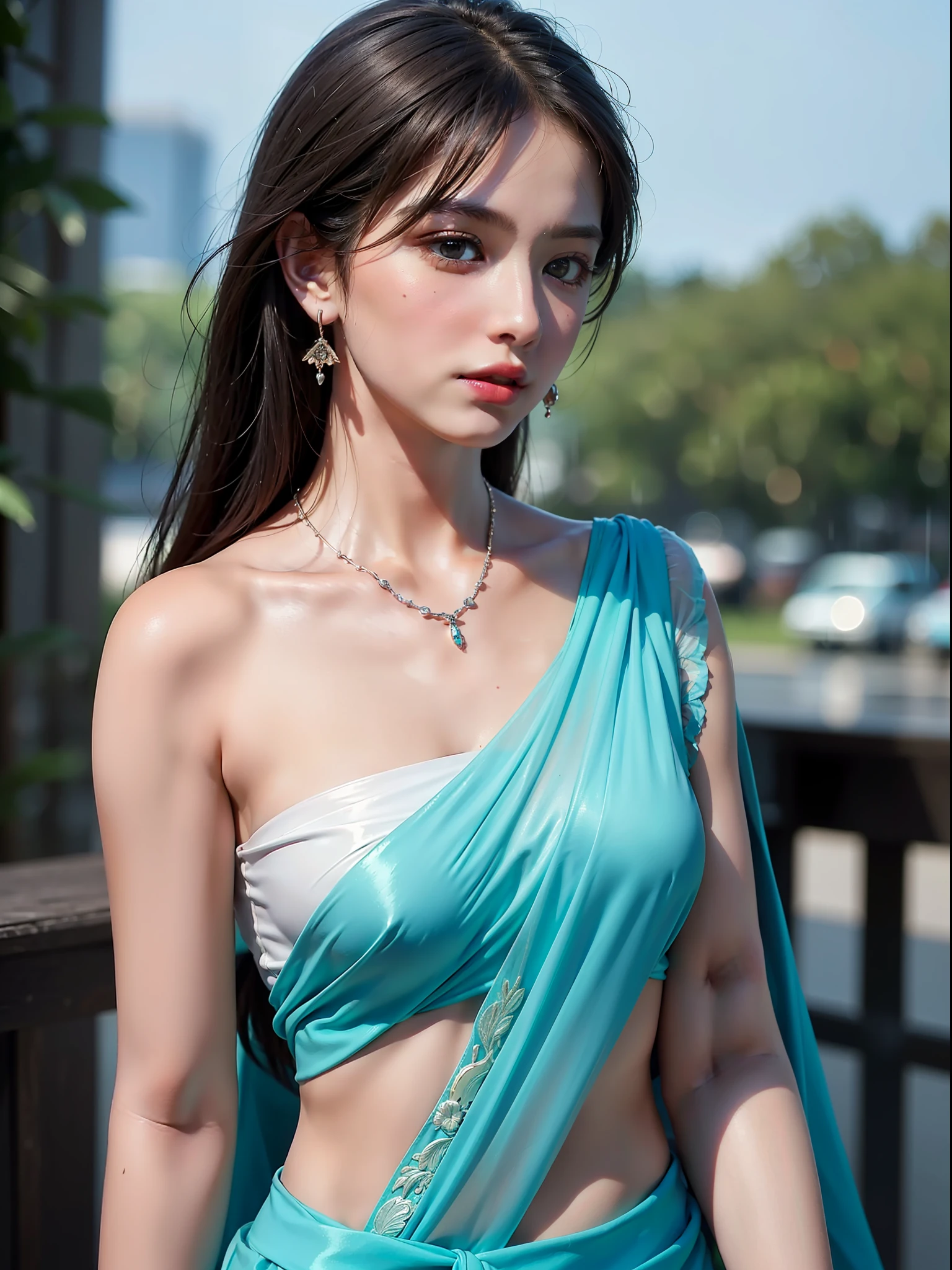 Best quality, masterpiece, ultra high res, (photorealistic:1.4), raw photo, 1girl, offshoulder, in the dark, deep shadow, low key, cold light((addielyn)), random posture, (very delicate and beautiful work), (masterpiece), one girl, very detailed saree, navel, highly detailed, medium bust, attractive expression, beautiful clear eyes, green pupils, delicate necklace, delicate earrings, simple blurred background, description of extreme details, beautiful, attractive, ultra-fine painting, delicate face, delicate figure, thin collarbone, beautiful lips, soft back figure, mix4, (8k, RAW photo, top quality, masterpiece: 1.2), (realistic, photorealistic: 1.37),1girl,cute,cityscape, night, rain, wet, professional lighting, photon mapping, radiosity, physically based rendering, Above the waist,