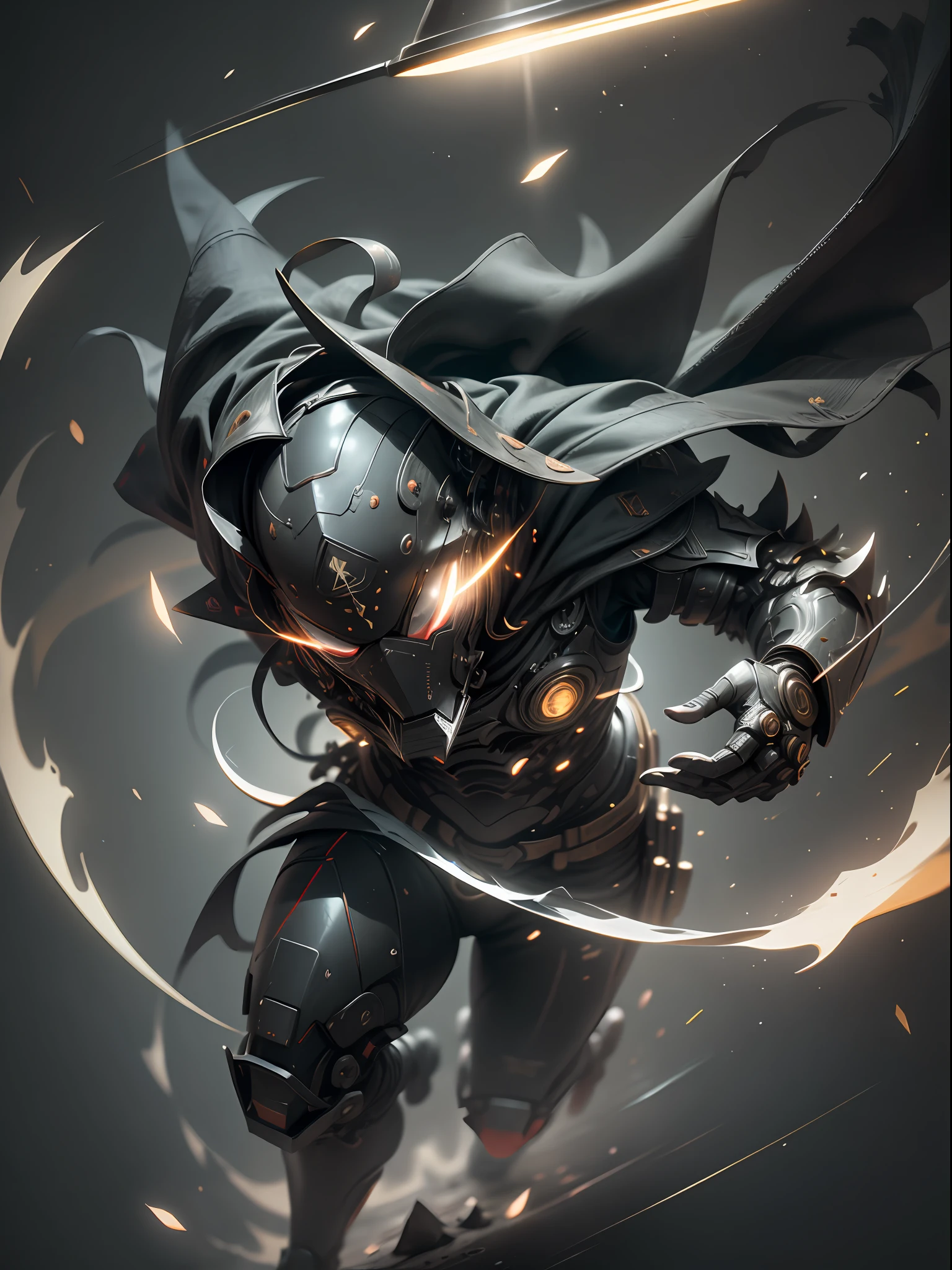 Ninja, all black ghost ninja, mask covering face, darts flying in the air, darts scattered on the ground, bandana tied to forehead, shadow of ninja avatar, super cool ghost ninja, male, ninja, long cape, with black mask, wearing black mechanical armor, glowing red eyes, perfect body proportions, full body shot, looking up, super detail, IP by pop mart, edge light, avatar, octane rendering, blender, clean black background, 3d, c4d, best quality, Very Detailed, Ancient Technology, HDR (High Dynamic Range), Ray Tracing, NVIDIA RTX, Super Resolution, Unreal 5, Subsurface Scattering, PBR Textures, Post-processing, Anisotropic Filtering, Depth of Field, Maximum Sharpness and Sharpness, Multilayer Textures, Albedo and Highlight Maps, Surface Shading, Accurate Simulation of Light-Material Interactions, Perfect Proportions, Octane Rendering, Duotone Lighting, Low ISO, White Balance, Rule of Thirds, Wide Aperture, 8K RAW, High Efficiency Sub-Pixel, Subpixel Convolution, Luminescent particles, light scattering, Tyndall effect
