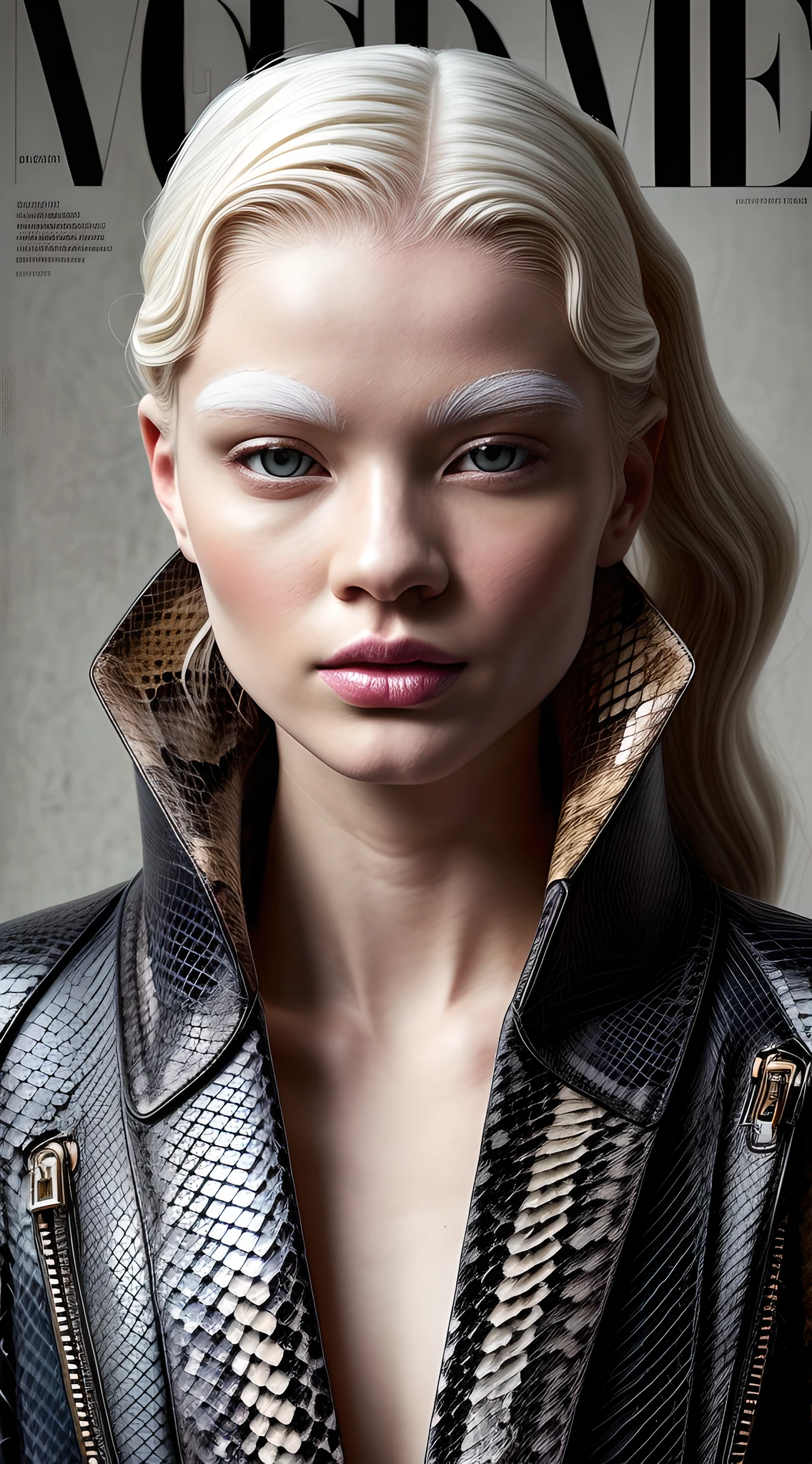 (an albino model, hypopigmentation) with Nordic facial features posing elegant for digital magazine cover editorial photo, wearing winter clothes, ((especially ultra modern snake leather,ultra realistic snakeskin print)) , detailed, haute couture, ultra detailed finishes, cute look, intricate details, magazine cover editorial style photo, high fashion, apply editorial environment, masterpiece, highest quality, ultra detailed, high definition,