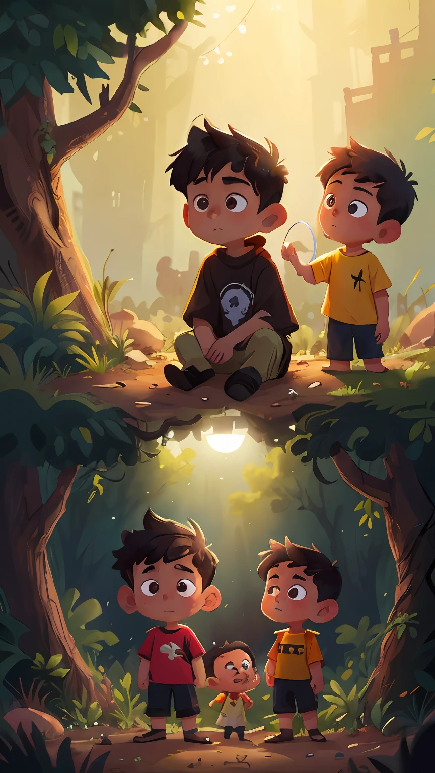 Two boys, one black and one light-haired in the desert looking sad, seeing an angel in the distance in a not very definite way