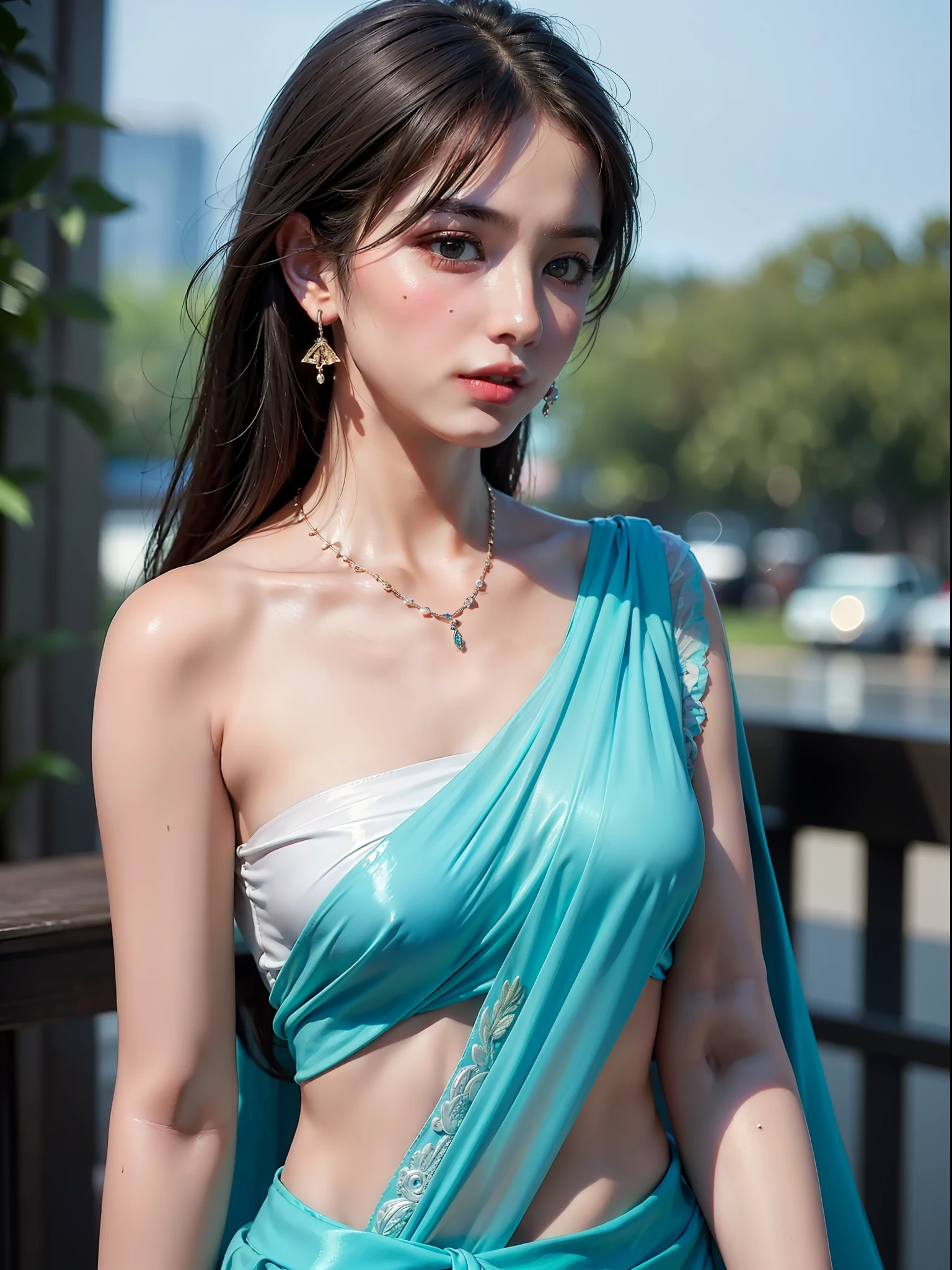 Best quality, masterpiece, ultra high res, (photorealistic:1.4), raw photo, 1girl, offshoulder, in the dark, deep shadow, low key, cold light((addielyn)), random posture, (very delicate and beautiful work), (masterpiece), one girl, very detailed saree, navel, highly detailed, medium bust, attractive expression, beautiful clear eyes, green pupils, delicate necklace, delicate earrings, simple blurred background, description of extreme details, beautiful, attractive, ultra-fine painting, delicate face, delicate figure, thin collarbone, beautiful lips, soft back figure, mix4, (8k, RAW photo, top quality, masterpiece: 1.2), (realistic, photorealistic: 1.37),1girl,cute,cityscape, night, rain, wet, professional lighting, photon mapping, radiosity, physically based rendering, Above the waist,