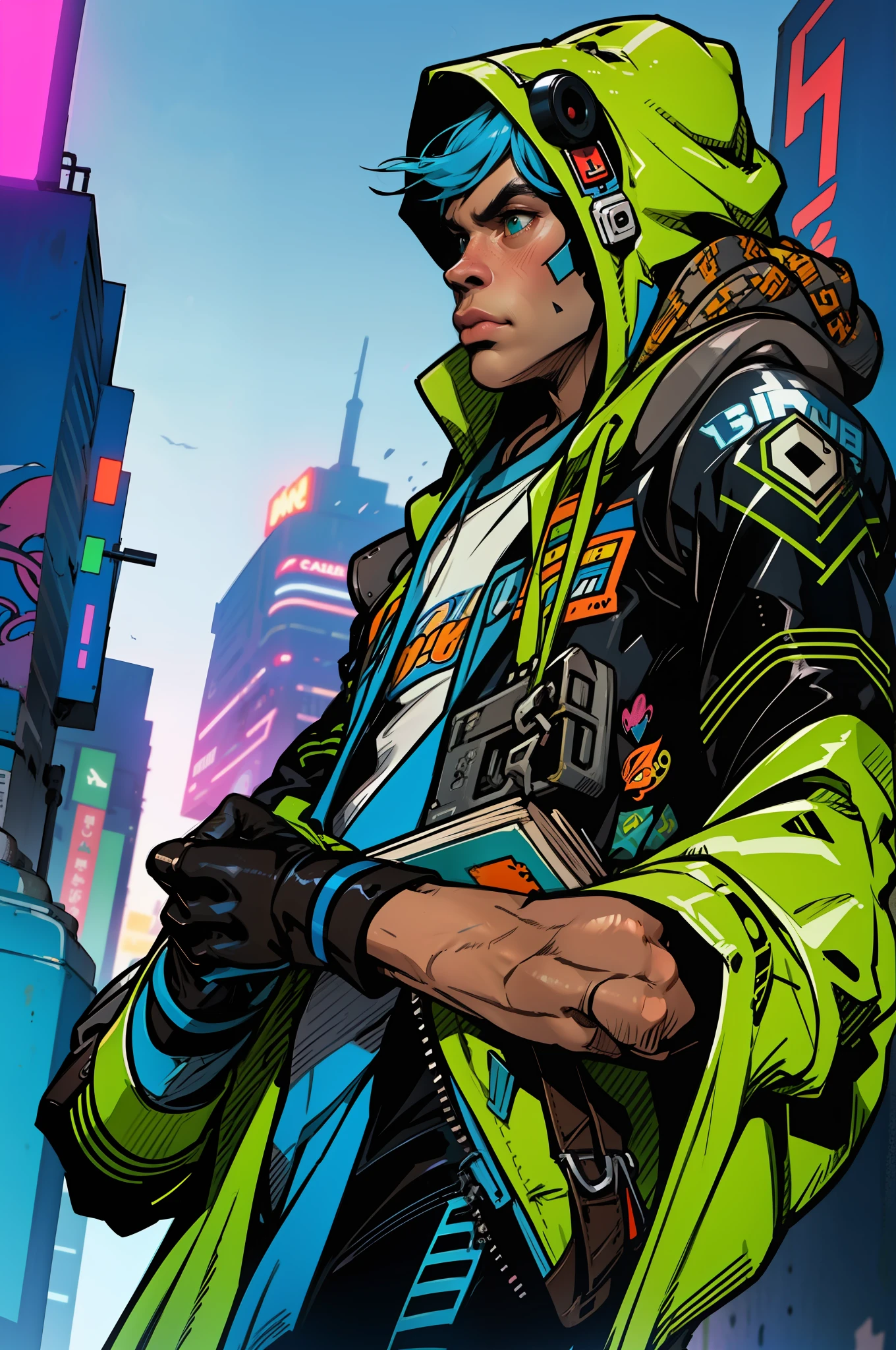 masterpiece, best quality, photorealistic ,fashion monkey, gorilla, blurry, book, cable, cyberpunk, gloves, green coat, holding, hood, solo,illustration, cartoon, cute, digital art, bold coloring, colorful