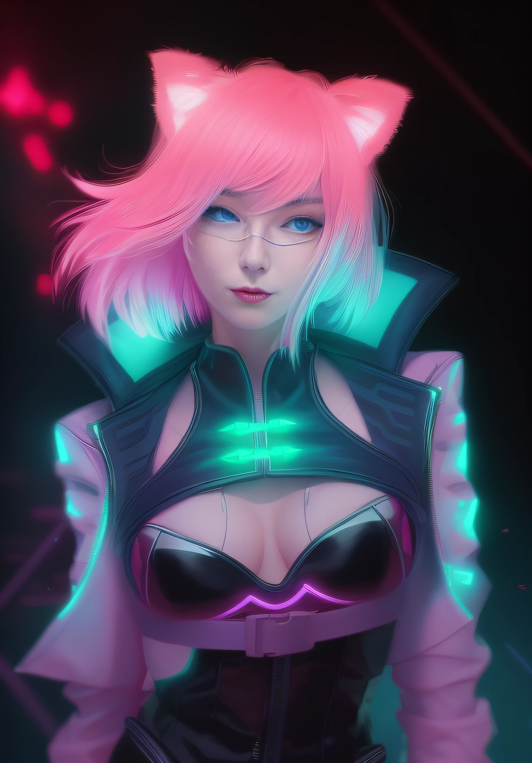 a woman with pink hair and blue eyes wearing a cat suit, rossdraws cartoon vibrant, digital cyberpunk anime art, portrait of jinx from arcane, cyberpunk art style, glitchpunk girl, anime cyberpunk art, digital cyberpunk - anime art, cyberpunk artstyle, cyberpunk style color, the cyberpunk girl portrait, cyberpunk angry gorgeous goddess, female cyberpunk anime girl, bright cyberpunk glow