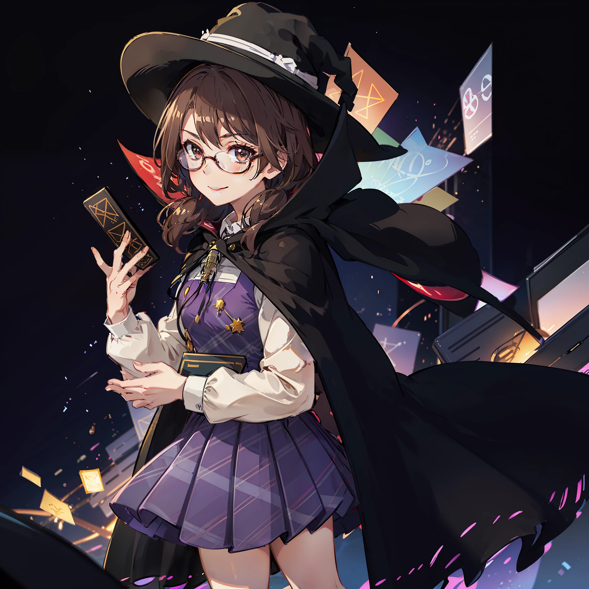 an anime character is surrounded by stars in a purple haze and a witch hat, 1girl, usami sumireko, glasses, brown hair, hat, runes, solo, smile, brown eyes, skirt, long sleeves, cape, red-framed eyewear, book, shirt, looking at viewer