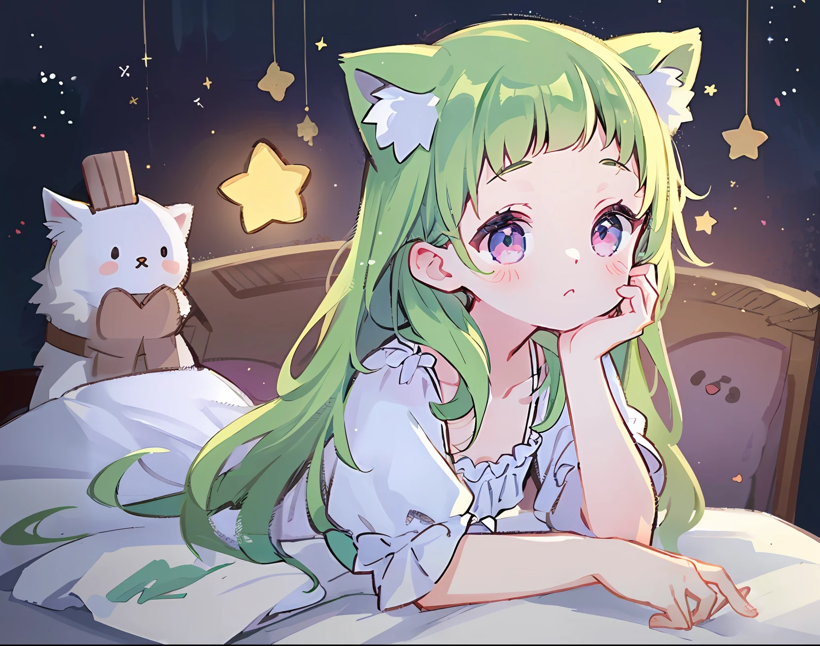 anime girl laying in bed with cat and stars in the background, cute anime catgirl, anime girl with cat ears, beautiful anime catgirl, anime visual of a cute girl, very beautiful anime cat girl, anime catgirl, anime moe artstyle, anime visual of a cute cat, white cat girl, cute anime girl, high quality anime artstyle, nightcore