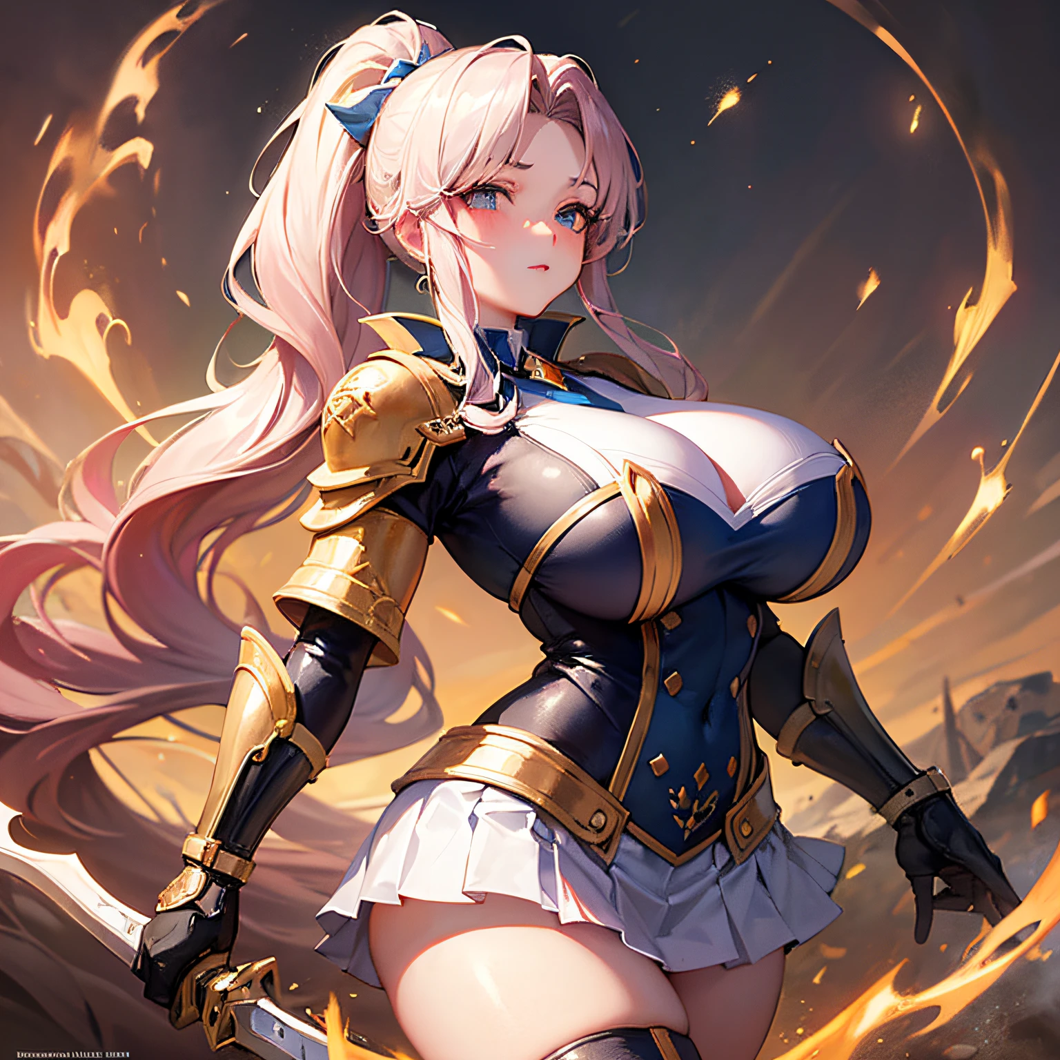 Peerless beauty, perfect slim body, mature royal sister face, double ponytail curly hair, knight battle suit, sexy and seductive, beautiful face, full body portrait, standing pose, 4K picture quality, feminine expression, blush shyness, star-like deep eyes, huge breasts, short skirt, sword and magic. The bust is greatly large, fighting with Warcraft, speed lines, the best quality, masterpieces.