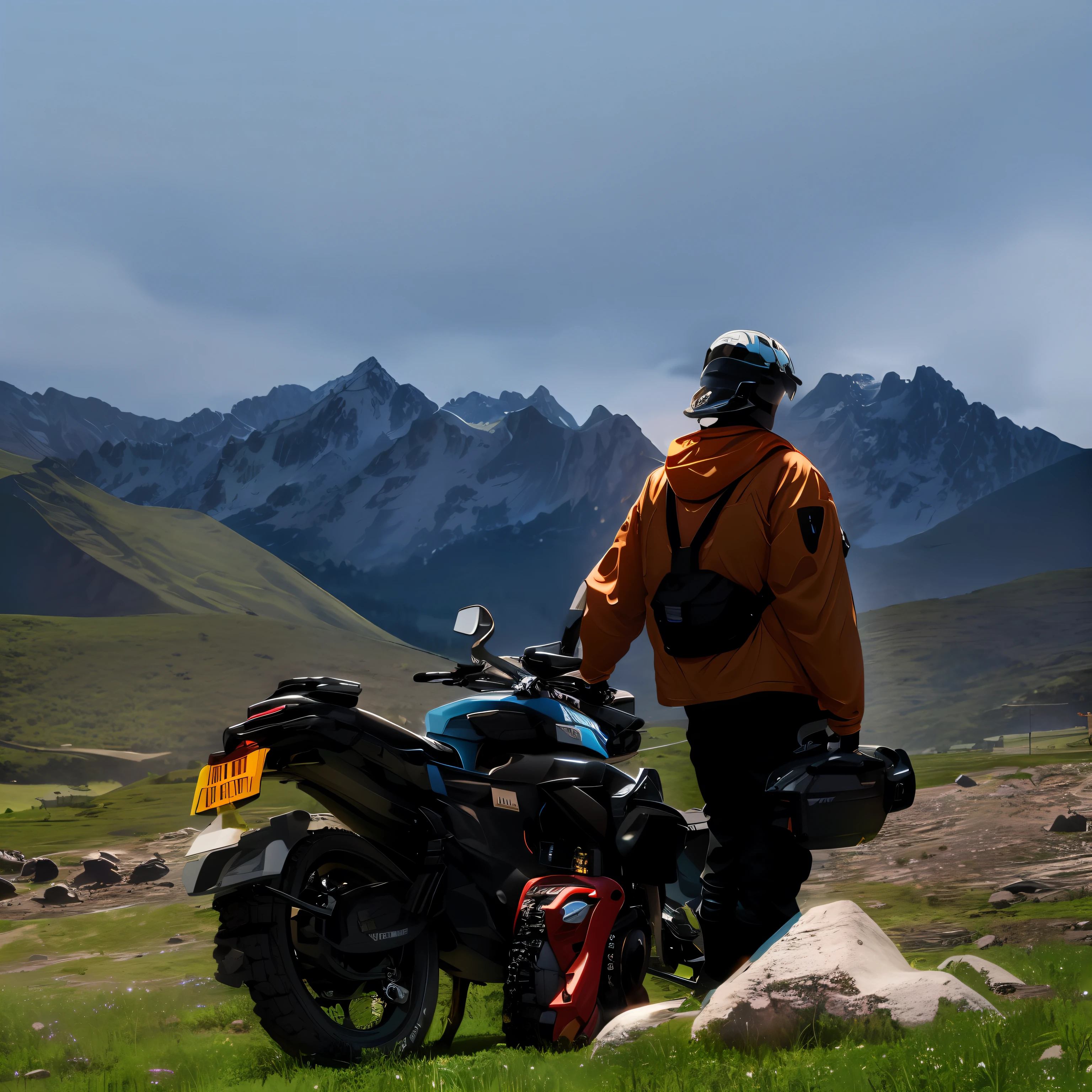 Alatei stands next to a motorcycle, in a field with mountains as a backdrop, with epic mountains as a backdrop, looking at snowy mountains, mountains in the background, landscapes of the film Silk Road, mountains in the background, mountains in the distance, motorcyclists, with mountains as a background, with mountains as a background, lone rider in mecha with a helmet in his hands