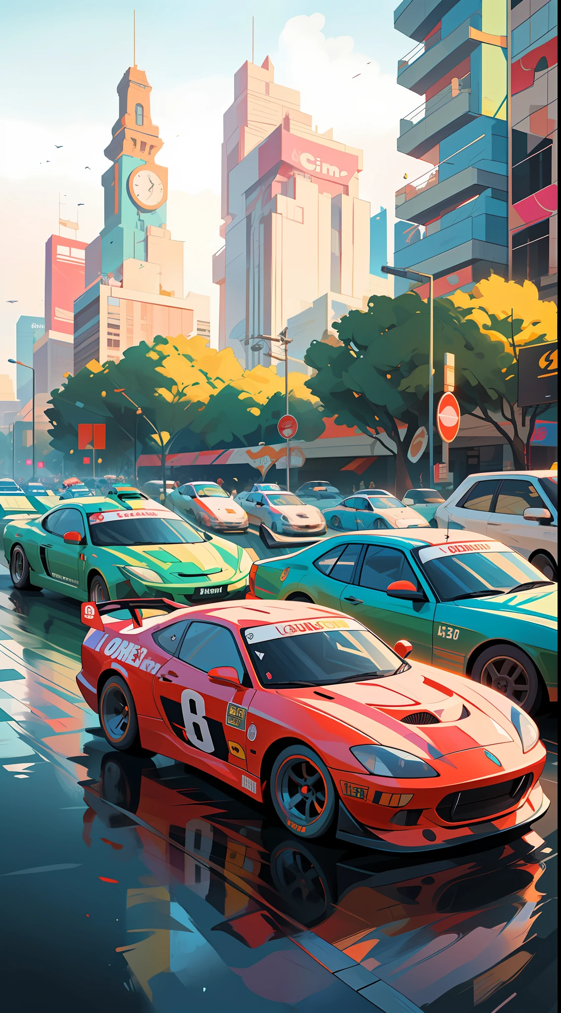 Best quality, masterpiece, Josan Gonzalez style, strong visual impact, city background, street traffic jam, racing full shot, spacious road, race scene, multi-racing, rich colors