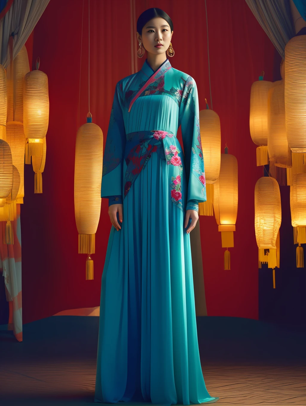 A regal model in a modern interpretation of the Hanfu, radiating power and elegance, backlit by the ethereal glow of Chinese lanterns. A dramatic profile shot for Harper's Bazaar by Alessandra Sanguinetti  --ar 9:16 50 --style raw --auto --s 2