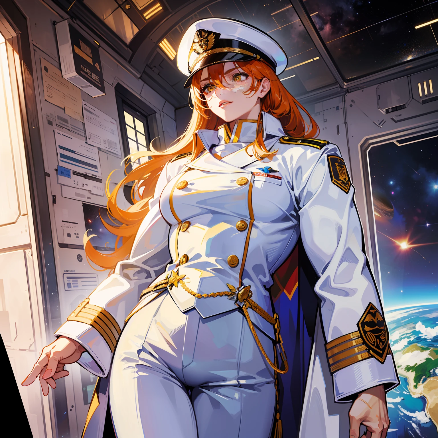 ((Masterpiece)), ((Highest Image Quality)), ((Best Quality)), (Illustration of One Girl), Full Body, 25 Years Old, ((Freckles)), Orange Hair Ponytail, Yellow Eyes, (Tall)), Big, ((((Muscular Strong Body)), ((Muscular Strong Body)), (Military Uniform)), (Military Hat)), ((Military Coat)), (White Clothes), (White Pants), (White Hat), Trench Coat, ((Inside the spacecraft)), (outside the window, space, Earth seen from space, spaceport)