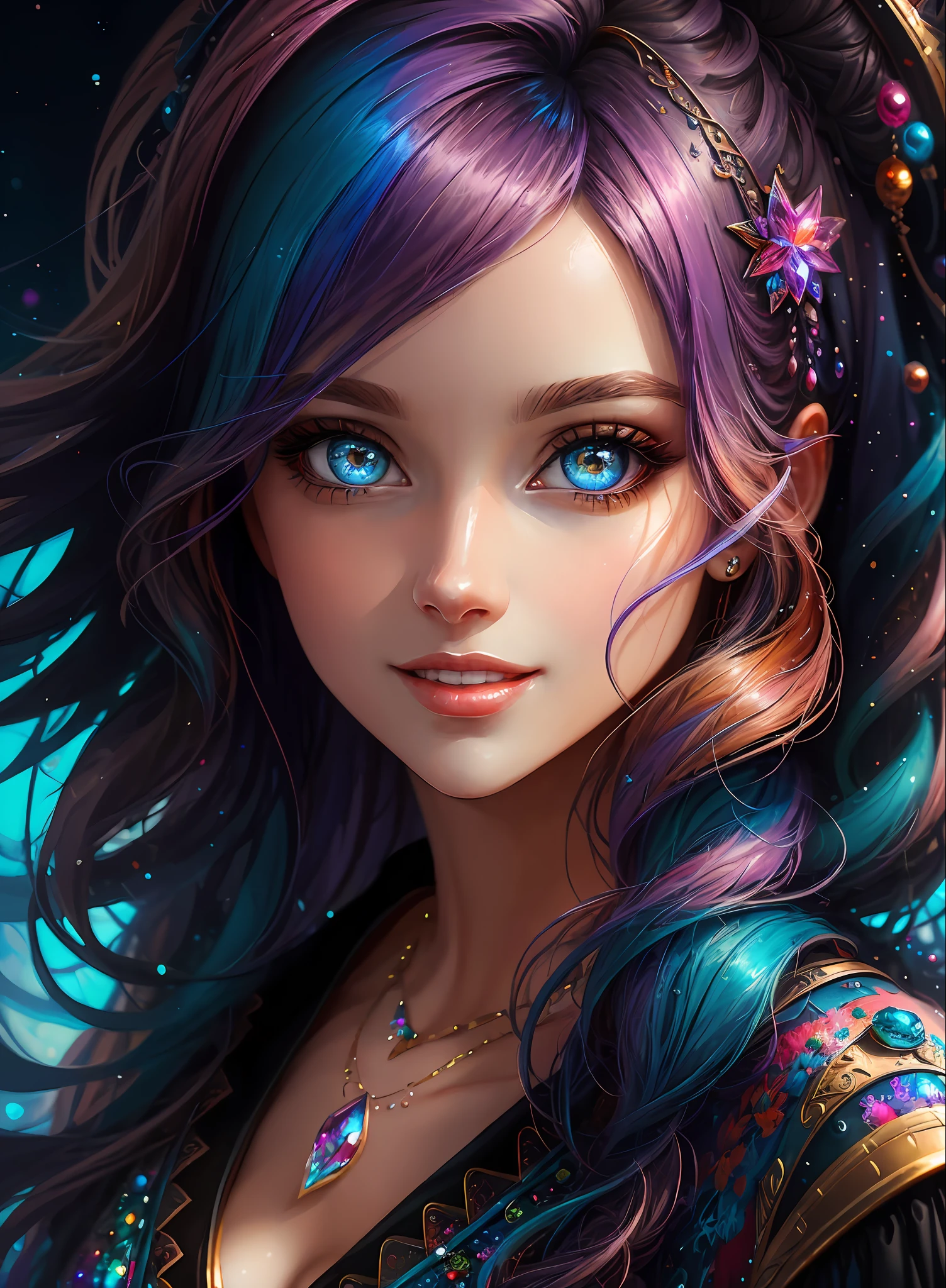 ((Best Quality)), ((Masterpiece)), (Real), (Details), (1 Woman) Close up portrait of a woman with colorful hair, crystal clear and beautiful eyes, 4K high-definition digital art, stunning digital illustrations, stunning 8K artwork, colorful digital fantasy art, colorful and dark, beautiful digital artwork, colorful digital painting, Digital Anime Art, Portrait of Beautiful Bright Smiling Woman, 8K HD Digital Wallpaper Art, Gorgeous Digital Painting