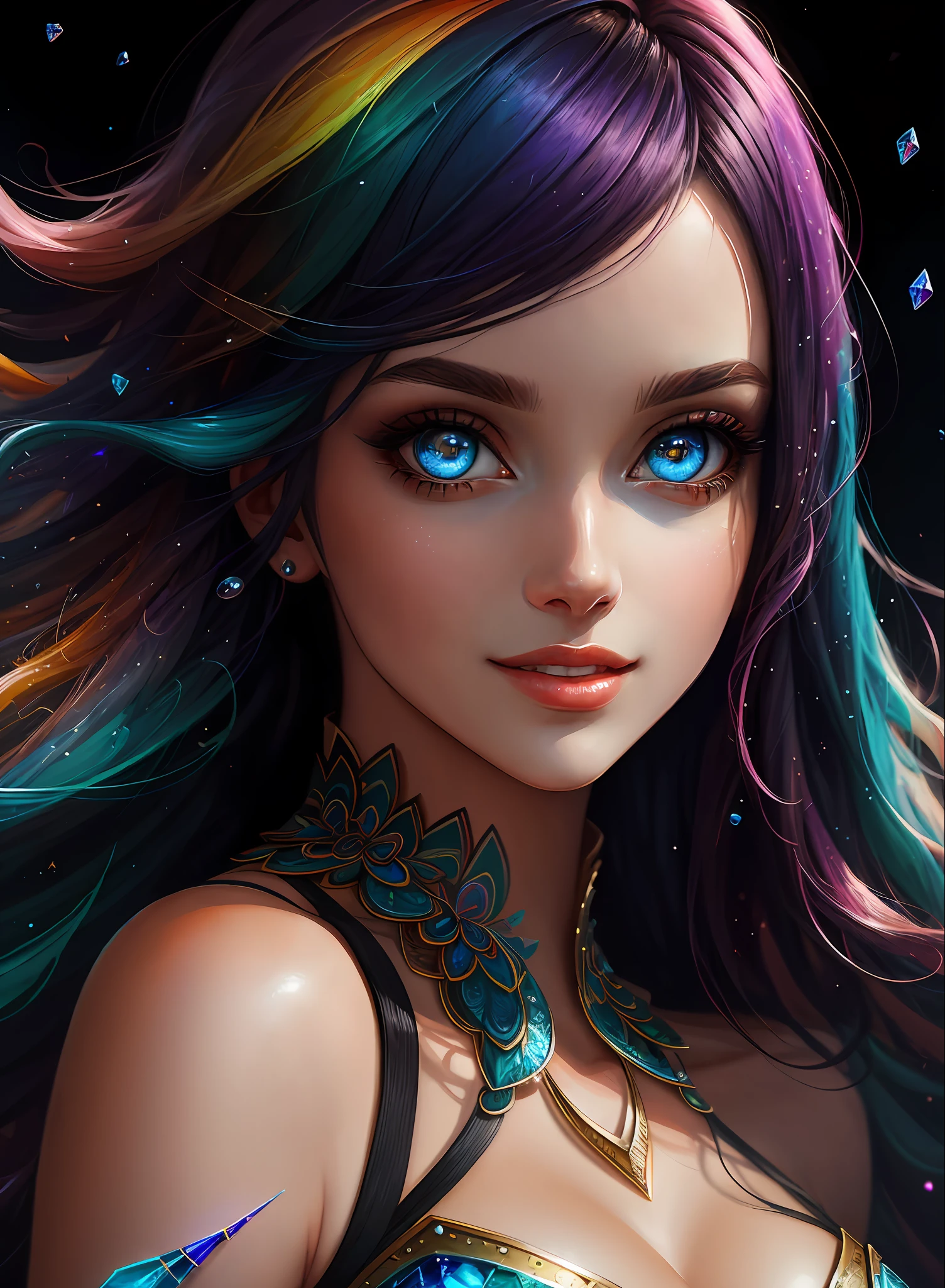 ((Best Quality)), ((Masterpiece)), (Real), (Details), (1 Woman) Close up portrait of a woman with colorful hair, crystal clear and beautiful eyes, 4K high-definition digital art, stunning digital illustrations, stunning 8K artwork, colorful digital fantasy art, colorful and dark, beautiful digital artwork, colorful digital painting, Digital Anime Art, Portrait of Beautiful Bright Smiling Woman, 8K HD Digital Wallpaper Art, Gorgeous Digital Painting