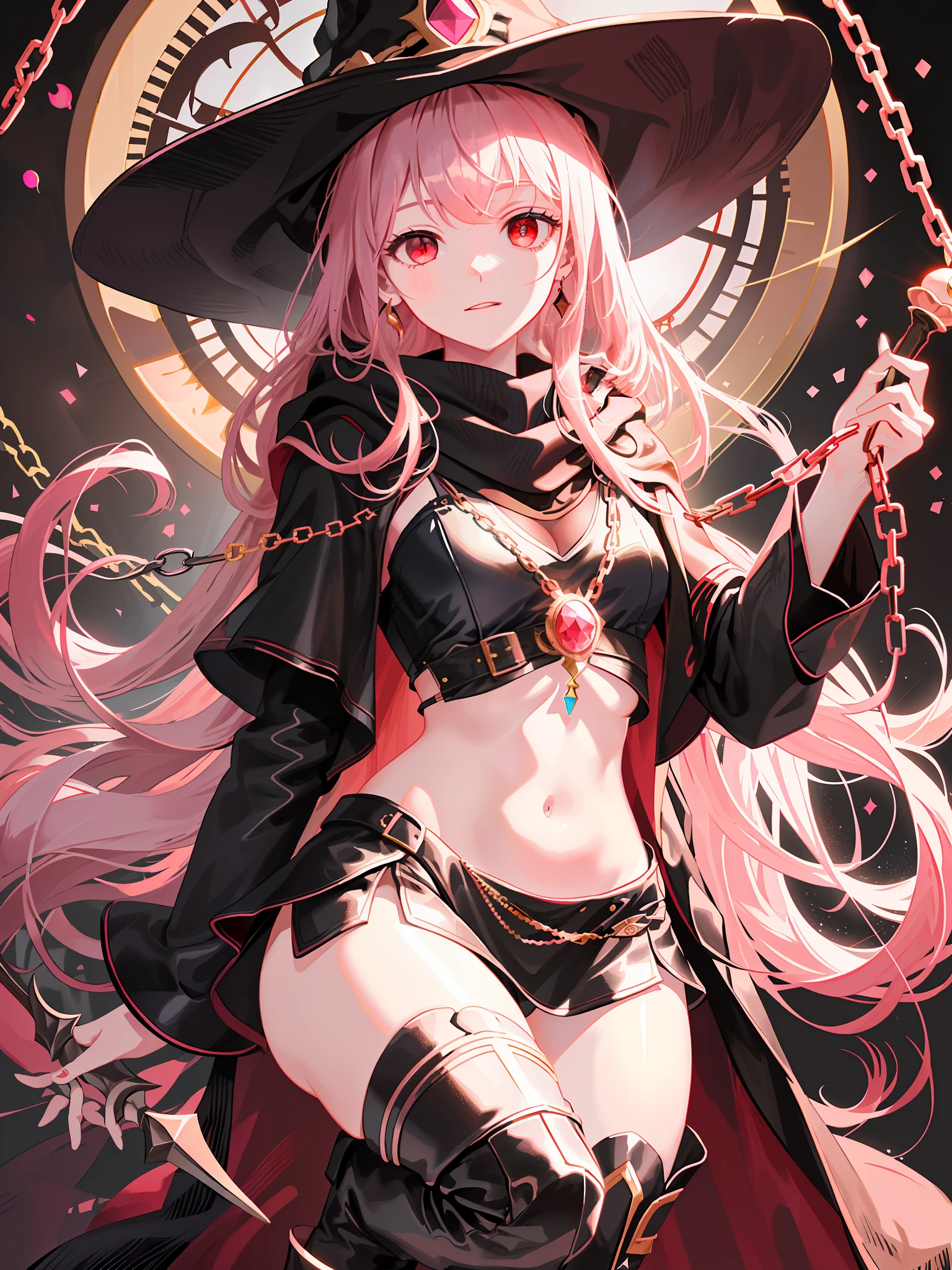 Best Quality, Masterpiece, High Resolution, 1girl, Pink Very Long Hair, Brown Wizard Hat, Dark Red Eyes, Pink Scarf, Black Chains, Medium Breasts, Dark Chamber of Secrets, Long Brown Wizard Robe, Holding Ebony Staff Set with Gems, Black Over-the-Knee Boots, Exposed Thighs