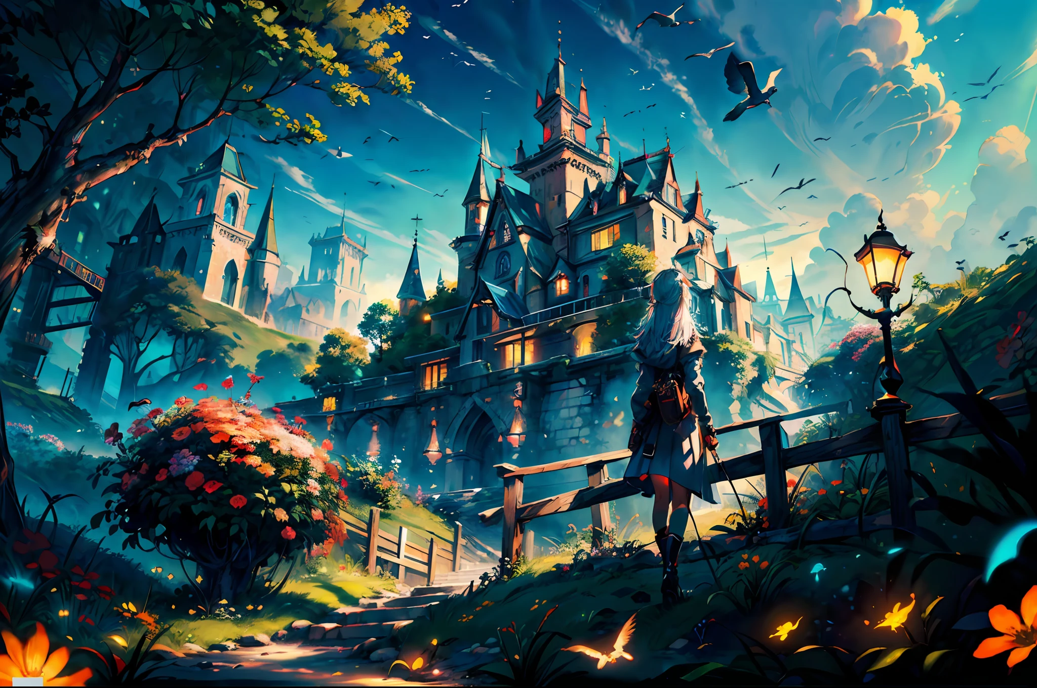 ((masterpiece,best quality,official art,unity 8k wallpaper, highres, (1girl:1.4),looking away,(breathtaking landscapes:1.2), natural wonders, serene vistas, outdoor exploration, (diverse ecosystems:1.2), scenic beauty, tree,castle,village,flowers,bridge,fence, (birds:1.2),BREAK,Detailed,Realistic,4k highly detailed digital art,octane render, bioluminescent, BREAK 8K resolution concept art, realism,by Mappa studios,masterpiece,best quality,official art,illustration,ligne claire,(cool_color),perfect composition,absurdres, fantasy,focused,rule of thirds,