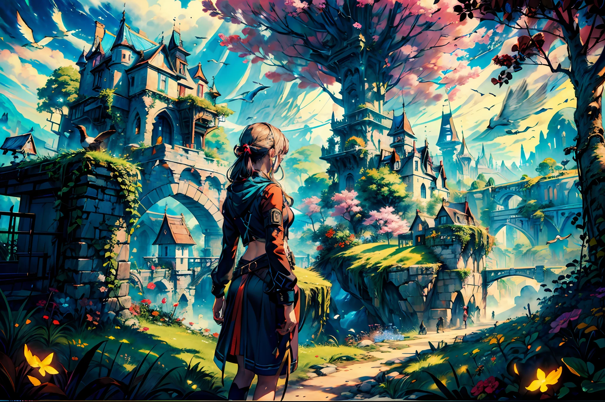 ((masterpiece,best quality,official art,unity 8k wallpaper, highres, (1girl:1.4),looking away,(breathtaking landscapes:1.2), natural wonders, serene vistas, outdoor exploration, (diverse ecosystems:1.2), scenic beauty, tree,castle,village,flowers,bridge,fence, (birds:1.2),BREAK,Detailed,Realistic,4k highly detailed digital art,octane render, bioluminescent, BREAK 8K resolution concept art, realism,by Mappa studios,masterpiece,best quality,official art,illustration,ligne claire,(cool_color),perfect composition,absurdres, fantasy,focused,rule of thirds,