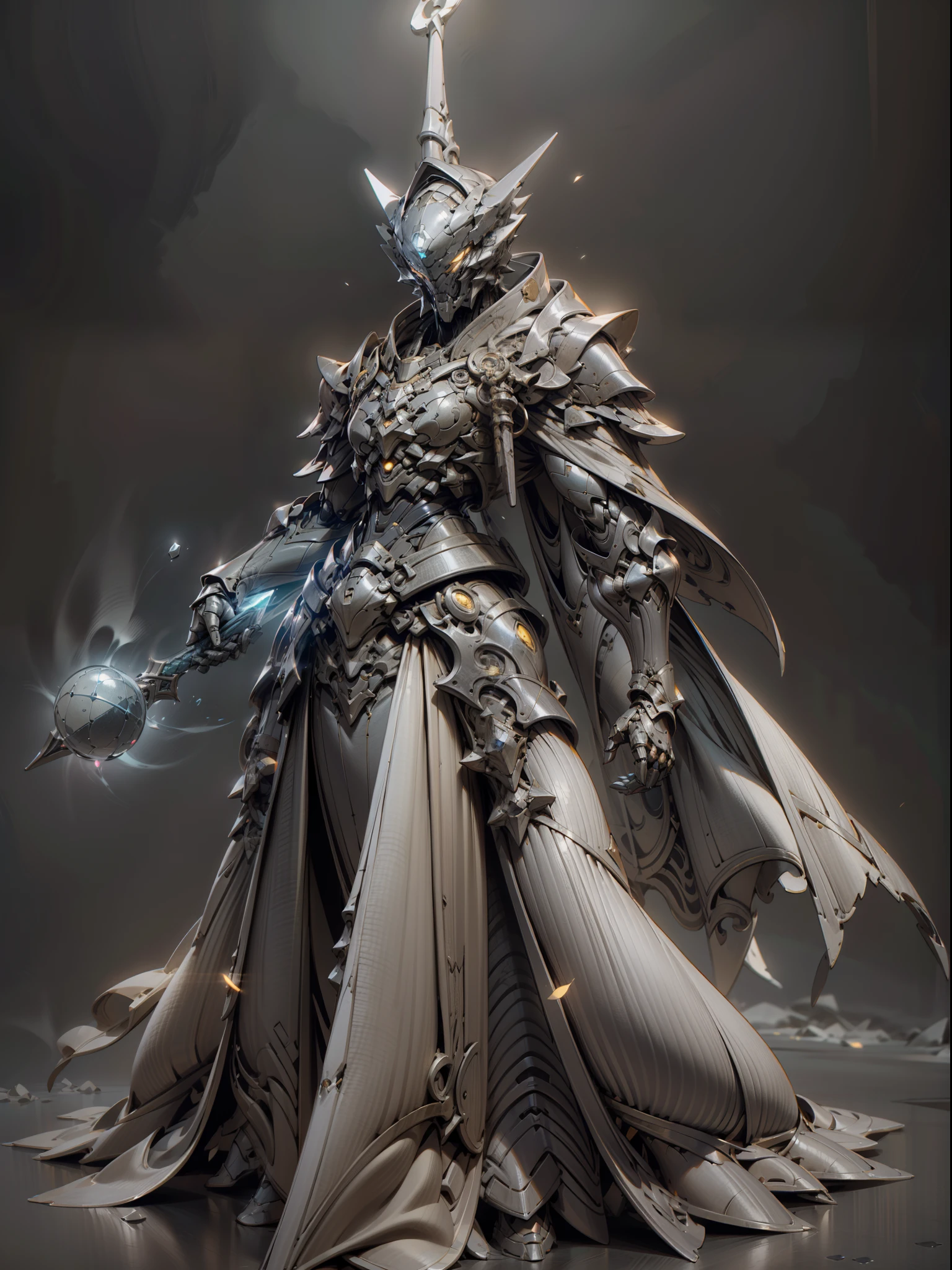 Ghost armor holding huge ice wand, male mage, ice blue armor all over, super cool ghost mage, wearing ice blue cloak, huge staff, glowing magic ball, magic pose, tall, glowing eyes, with mask, tall figure, perfect body proportions, looking up, super detail, IP by pop mart, edge light, avatar, octane rendering, blender, full body, clean black background, 3d, c4d, best quality, very detailed, Ancient Technology, HDR (High Dynamic Range), Ray Tracing, NVIDIA RTX, Super Resolution, Unreal 5, Subsurface Scattering, PBR Texture, Post Processing, Anisotropic Filtering, Depth of Field, Maximum Clarity and Acutance, Multilayer Textures, Albedo and Highlight Maps, Surface Shading, Accurate Simulation of Light-Material Interactions, Perfect Proportions, Octane Rendering, Two-tone Lighting, Low ISO, White Balance, Rule of Thirds, Wide Aperture, 8K RAW, High Efficiency Sub-Pixel, Subpixel Convolution, Glowing Particles, Light scattering, Tyndall effect