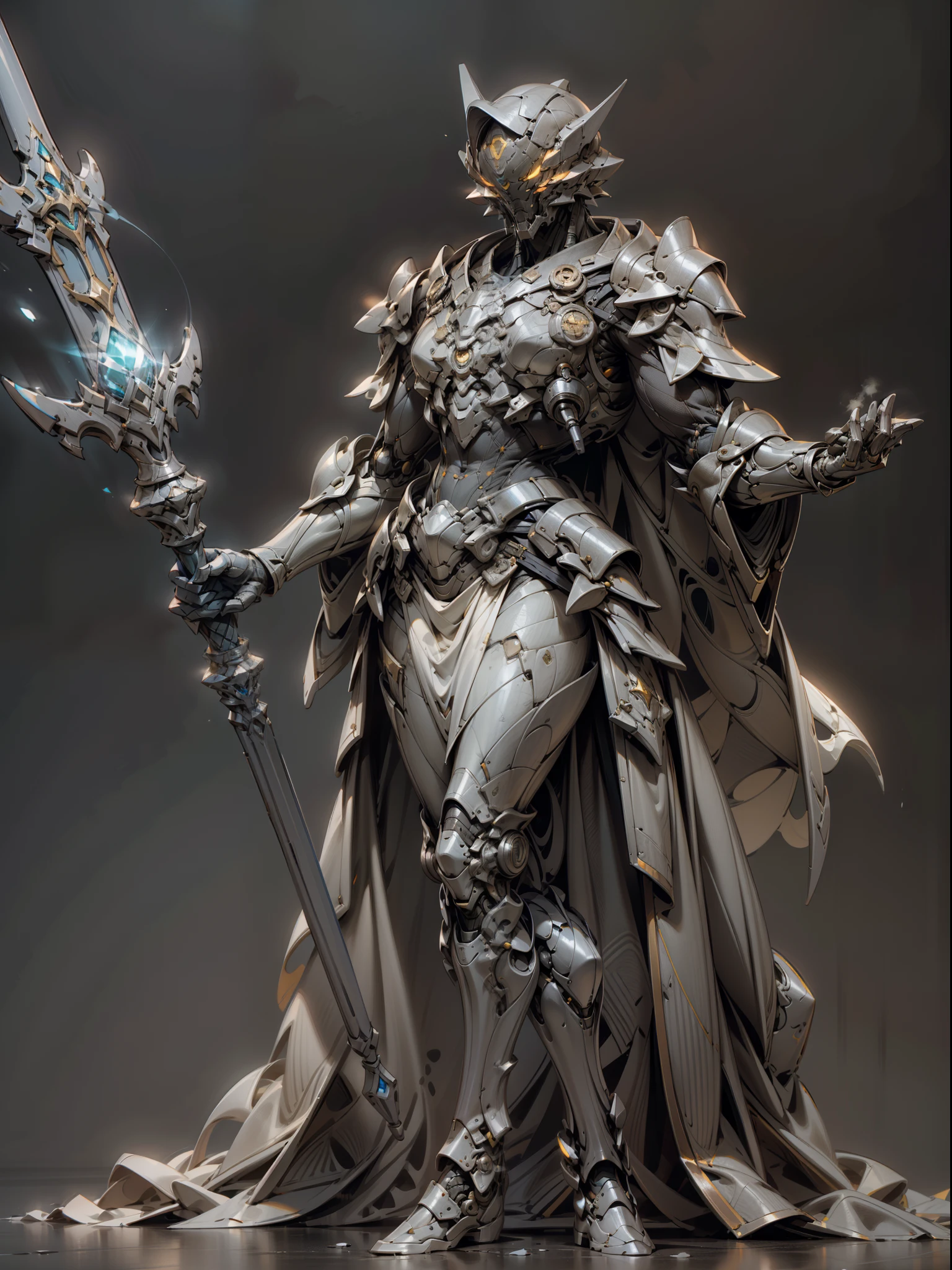 Ghost armor holding huge ice wand, male mage, ice blue armor all over, super cool ghost mage, wearing ice blue cloak, huge staff, glowing magic ball, magic pose, tall, glowing eyes, with mask, tall figure, perfect body proportions, looking up, super detail, IP by pop mart, edge light, avatar, octane rendering, blender, full body, clean black background, 3d, c4d, best quality, very detailed, Ancient Technology, HDR (High Dynamic Range), Ray Tracing, NVIDIA RTX, Super Resolution, Unreal 5, Subsurface Scattering, PBR Texture, Post Processing, Anisotropic Filtering, Depth of Field, Maximum Clarity and Acutance, Multilayer Textures, Albedo and Highlight Maps, Surface Shading, Accurate Simulation of Light-Material Interactions, Perfect Proportions, Octane Rendering, Two-tone Lighting, Low ISO, White Balance, Rule of Thirds, Wide Aperture, 8K RAW, High Efficiency Sub-Pixel, Subpixel Convolution, Glowing Particles, Light scattering, Tyndall effect