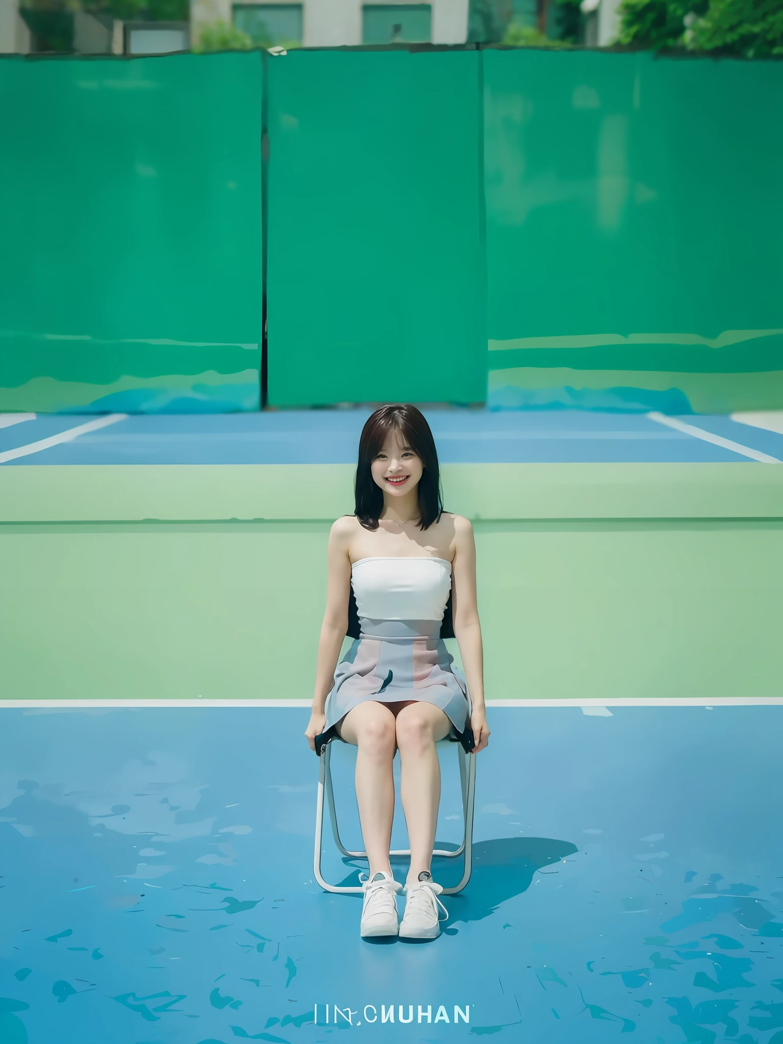 Flowers all over the wall, (best light: 1.2, cute Korean girl: 1.2, [white dress: 1.3], full body, beautiful dance moves, wearing pink long-haired mink bandeau dress, multicolored flower wall, poster level, flowers on the wall are not crowded, elegant and colorful: 1.1, bright and moving: 1.1, [ultra-detailed: 1.2 + dynamic pose + delicate: 1.2],), big breasts, pursed lips and smiles, The sides are five-colored flowers, the wall is pink hydrangeas, roses, colorful chrysanthemums, and the background wall is a wall of flowers dominated by pink